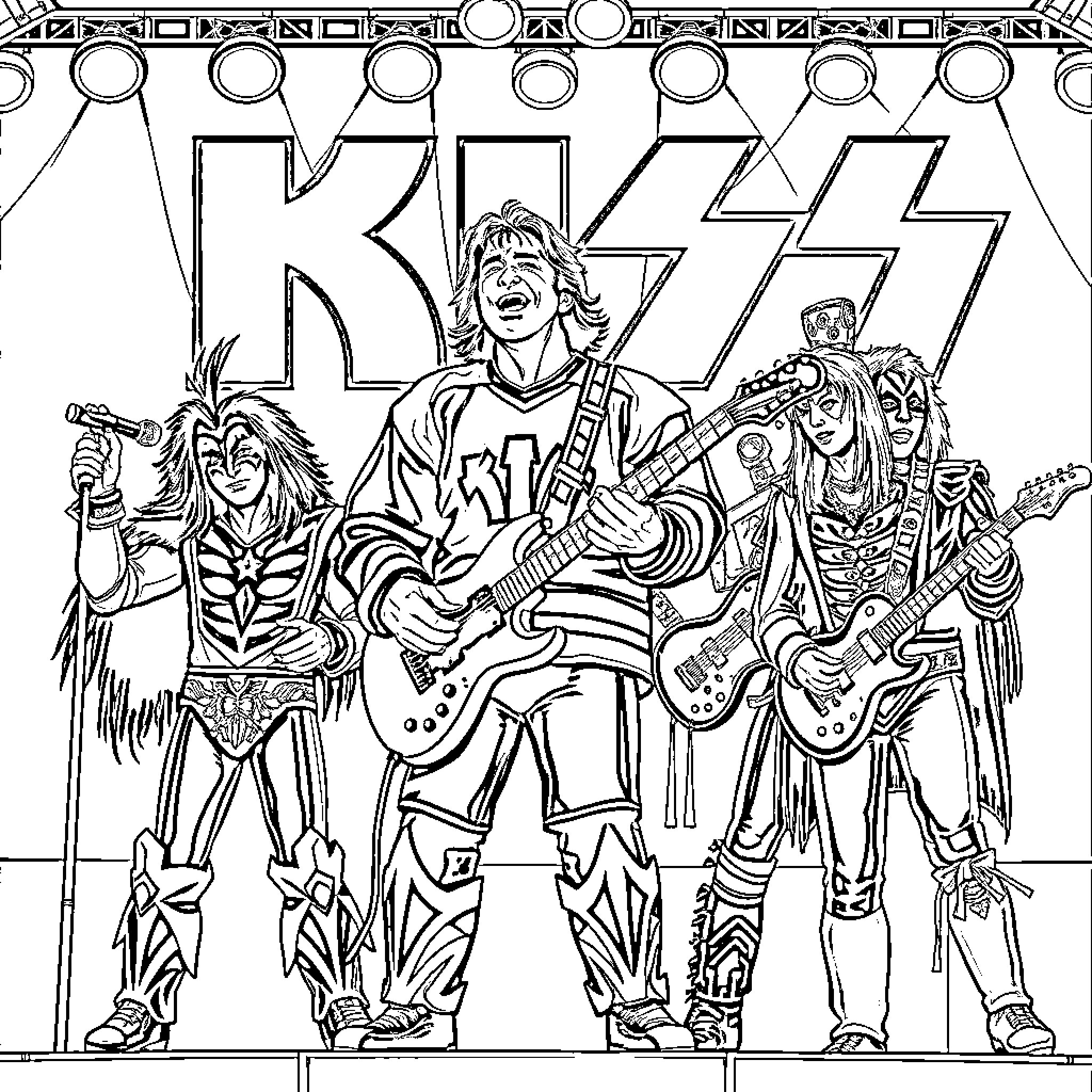 Mario Lemieux with KISS band members in performance attire Coloring Page (free black-and-white line drawing printable PDF for all, from beginners to advanced learners, including children, teens, adults, and seniors)
