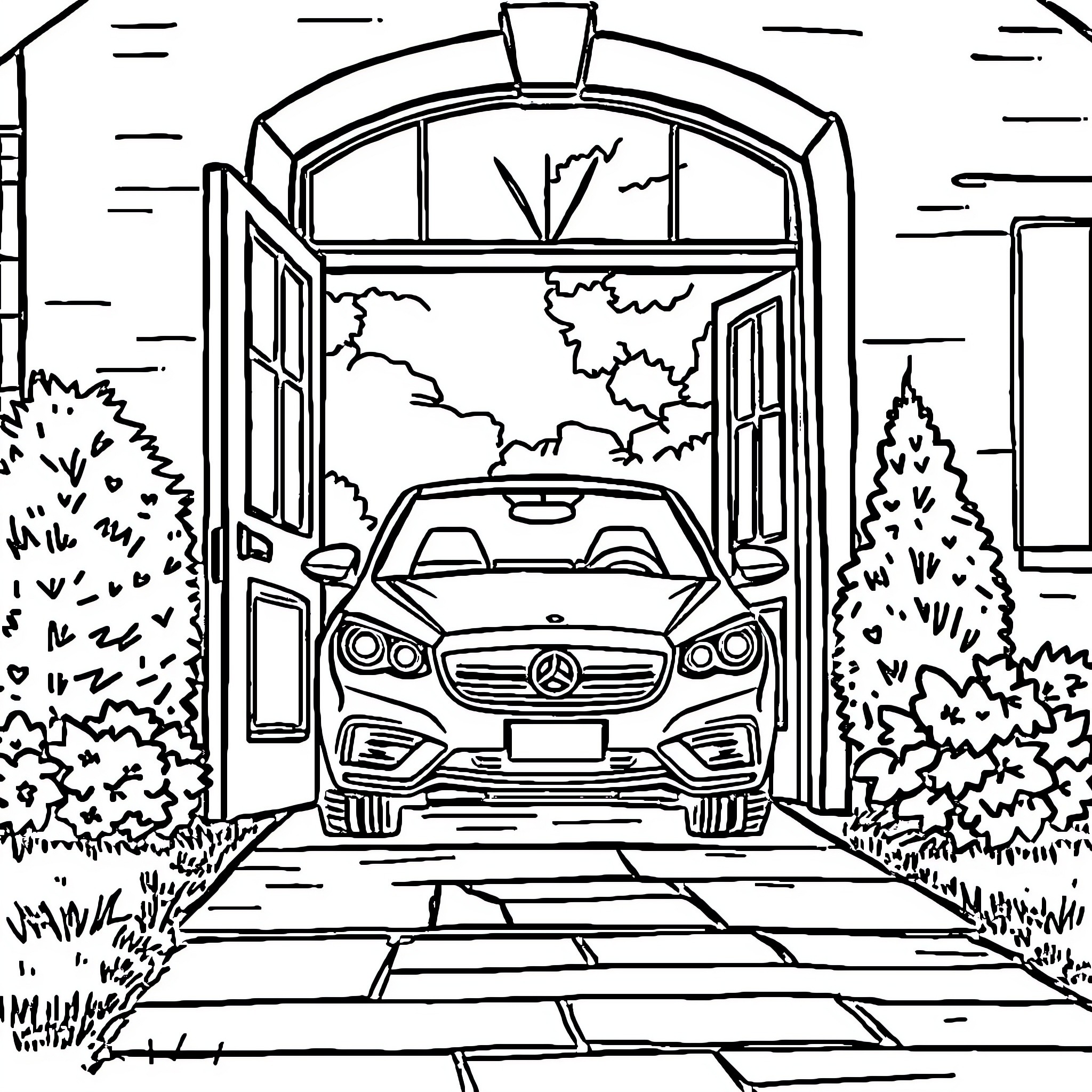 Car entering garage with scenic landscape Coloring Page (free black-and-white line drawing printable PDF for all, from beginners to advanced learners, including children, teens, adults, and seniors)