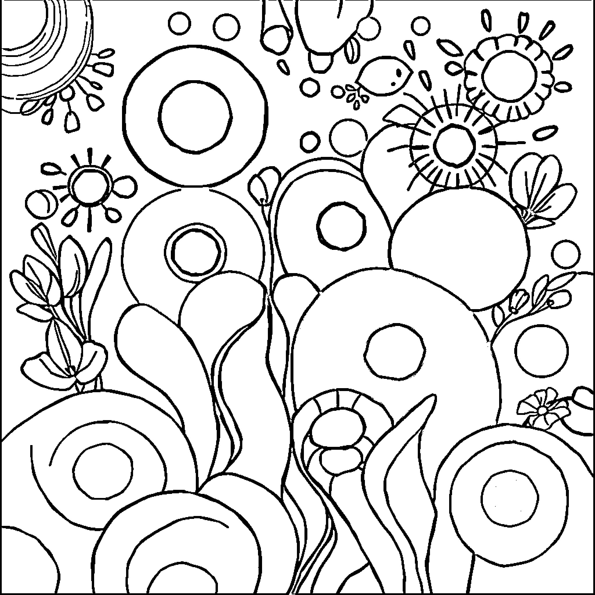 Shape Patterns and Floral Shapes Coloring Page (free black-and-white line drawing printable PDF for all, from beginners to advanced learners, including children, teens, adults, and seniors)