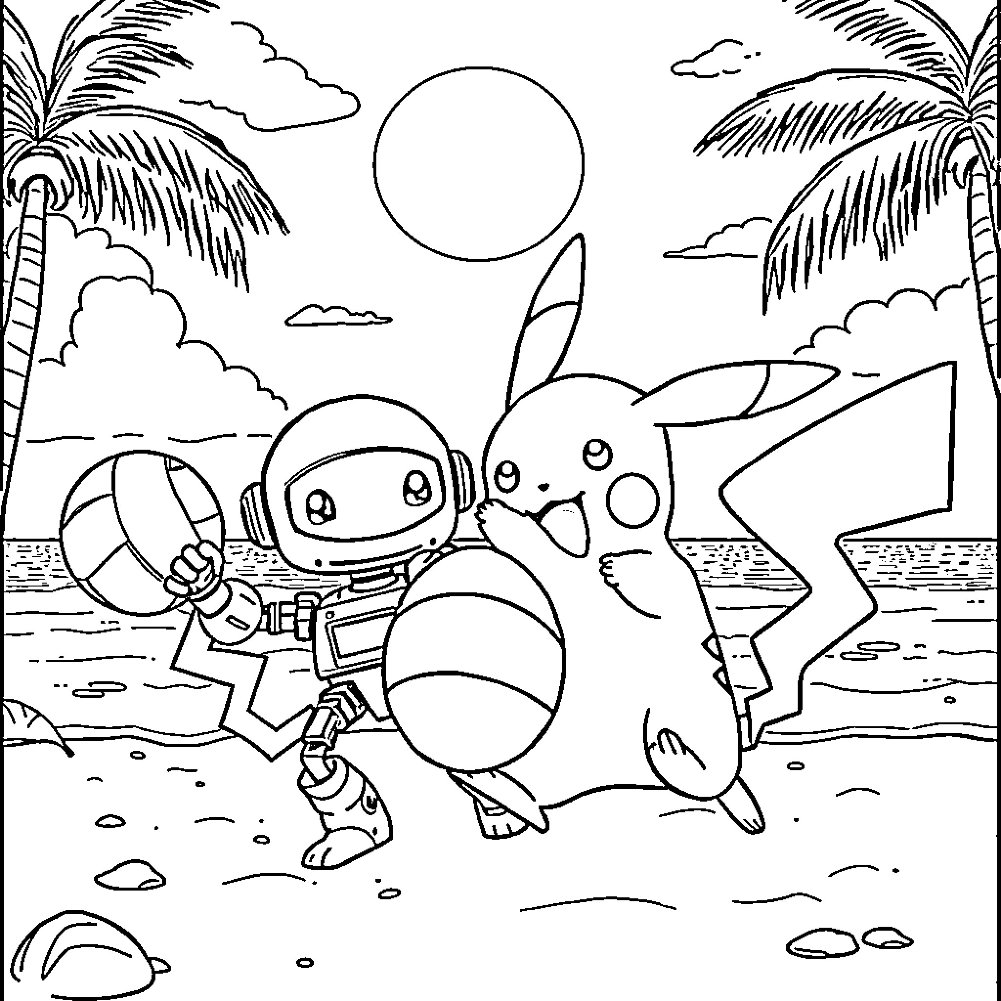 Pikachu and astronaut exploring a tropical beach Coloring Page (free black-and-white line drawing printable PDF for all, from beginners to advanced learners, including children, teens, adults, and seniors)