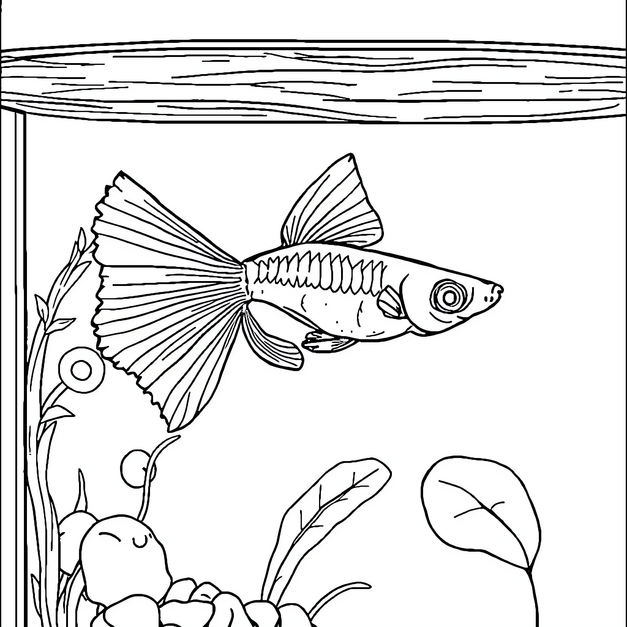 Guppy swimming gracefully in underwater scene Coloring Page (free black-and-white line drawing printable PDF for all, from beginners to advanced learners, including children, teens, adults, and seniors)