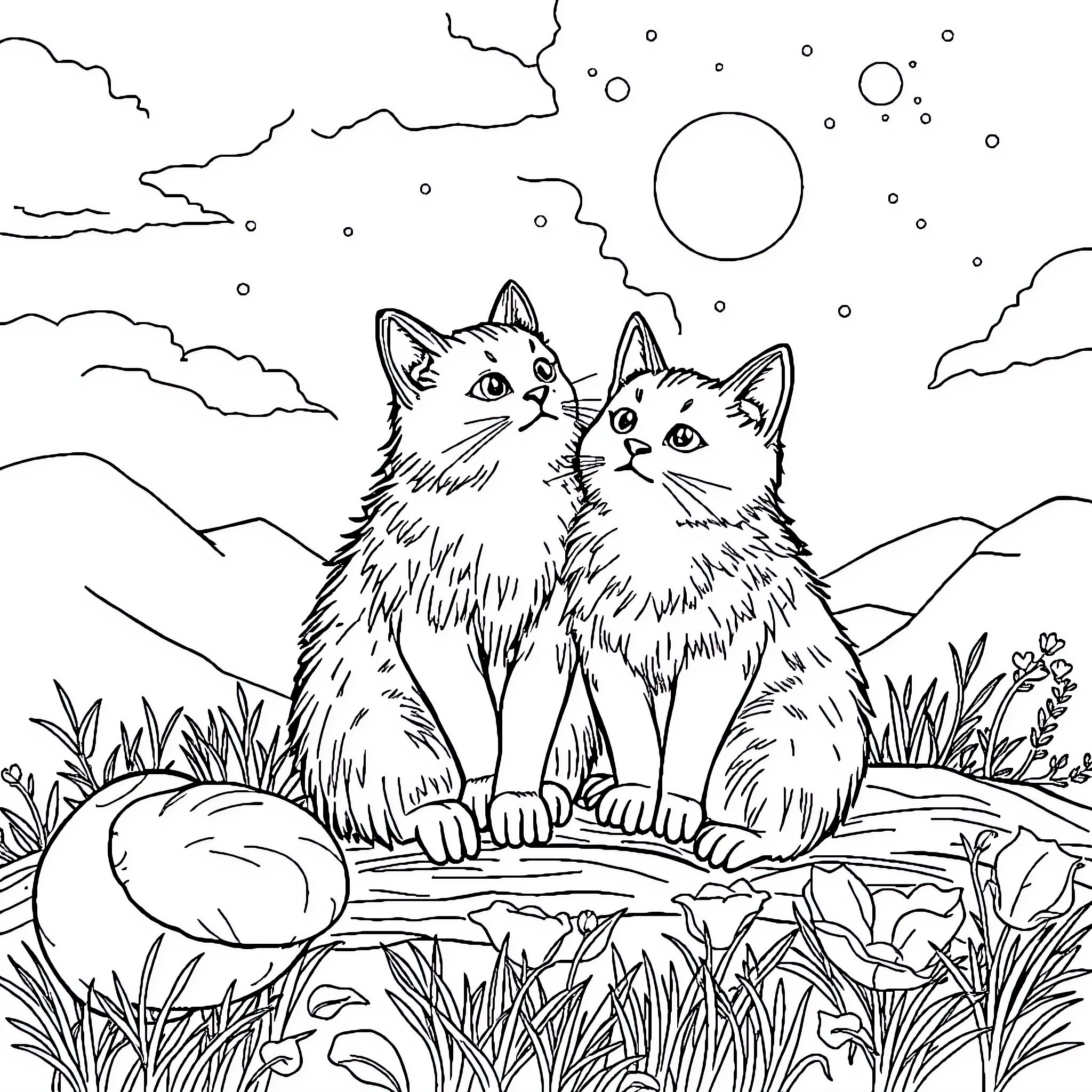 Cats gazing at the night sky Coloring Page (free black-and-white line drawing printable PDF for all, from beginners to advanced learners, including children, teens, adults, and seniors)