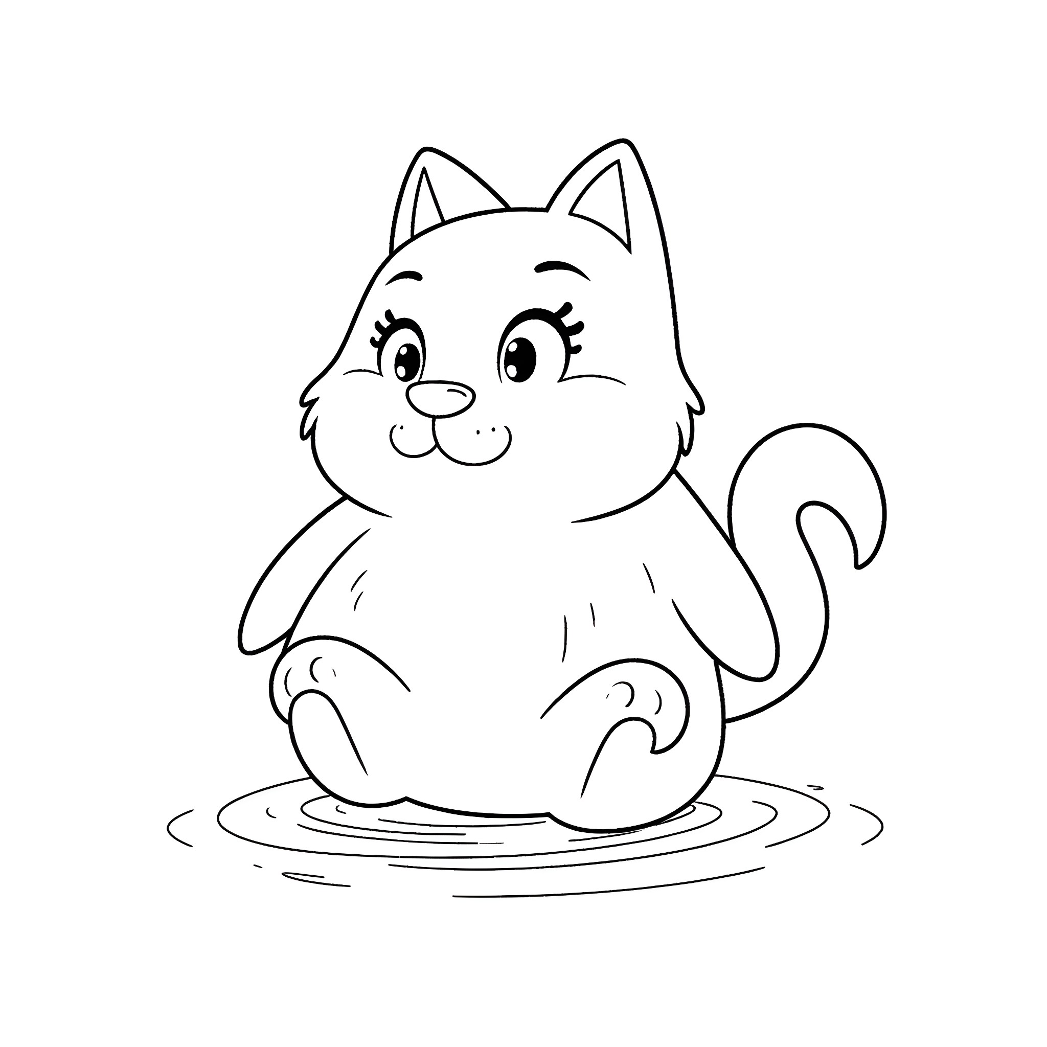 Drawing of a cat sitting in a puddle Coloring Page (free black-and-white line drawing printable PDF for all, from beginners to advanced learners, including children, teens, adults, and seniors)