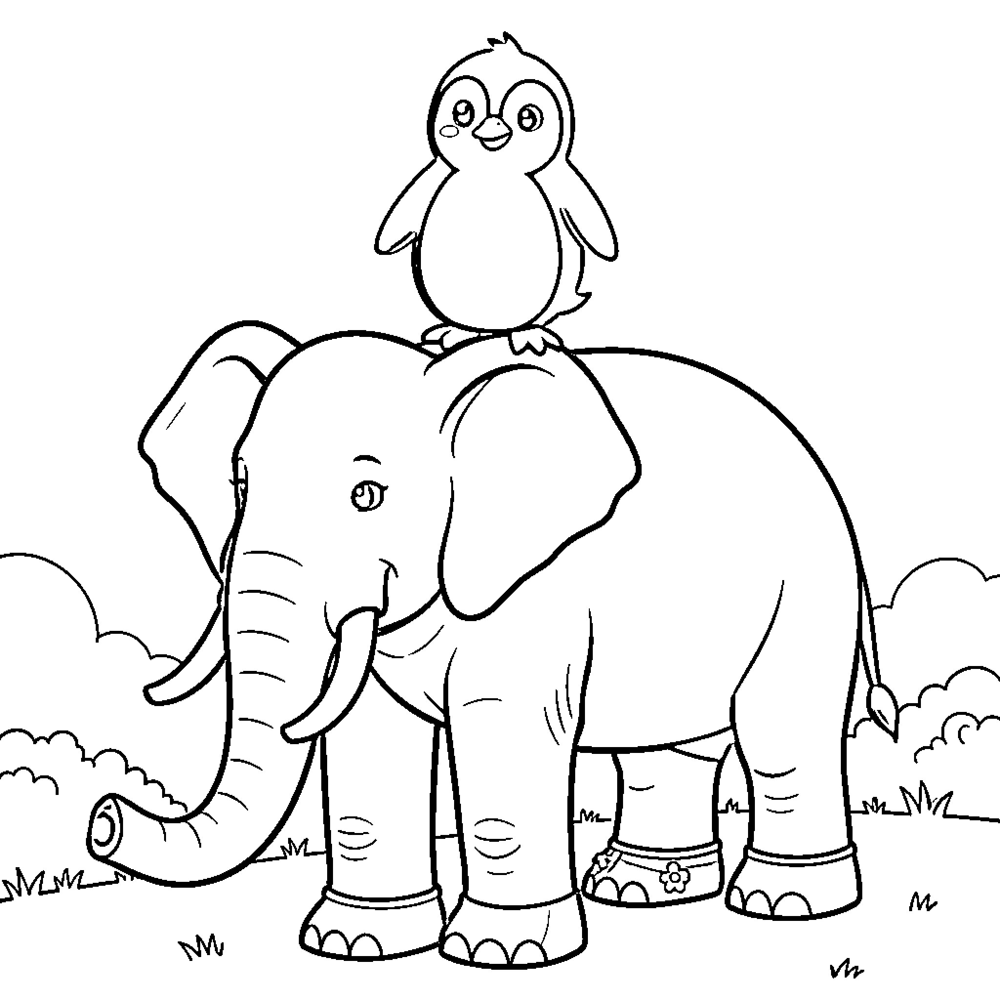 Penguin perched atop a playful elephant Coloring Page (free black-and-white line drawing printable PDF for all, from beginners to advanced learners, including children, teens, adults, and seniors)