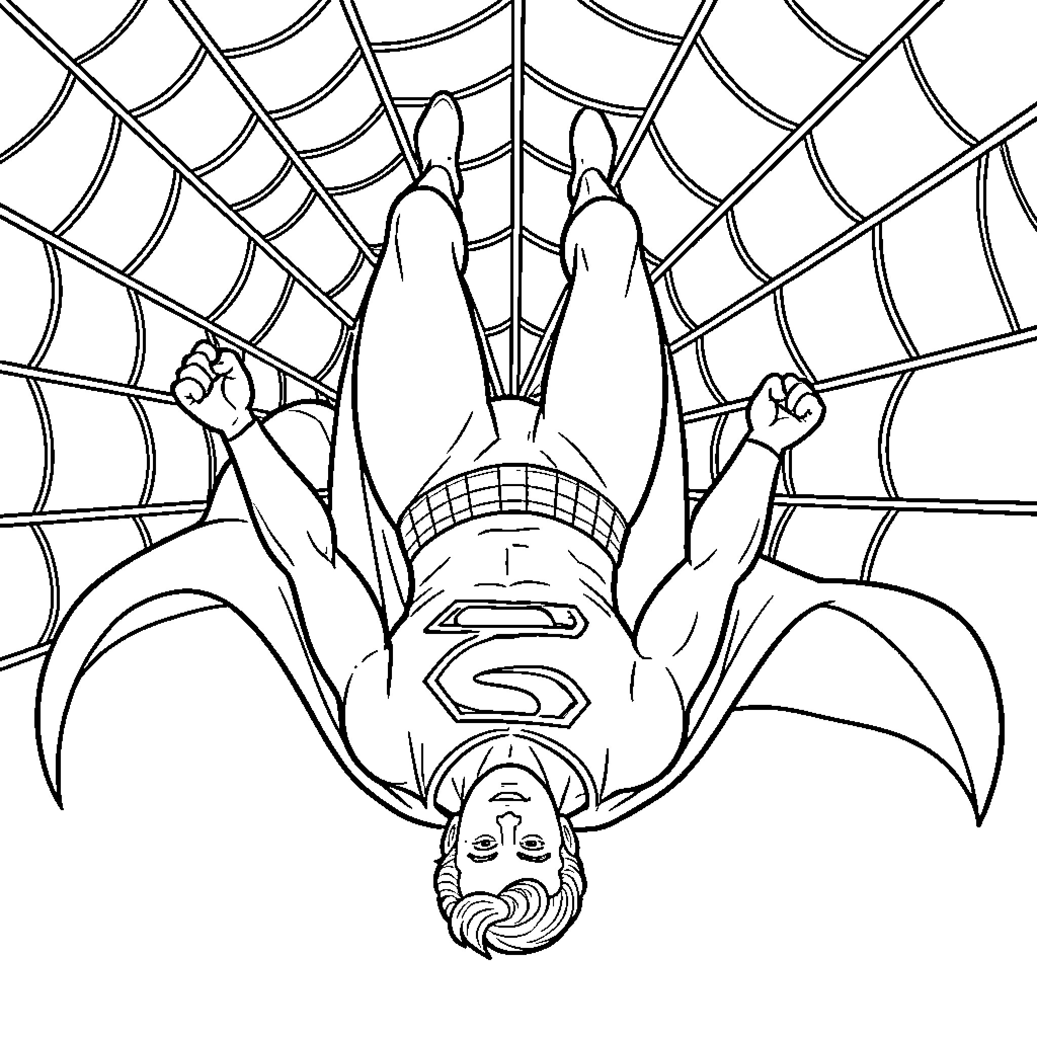 Superman flying through a large spider web Coloring Page (free black-and-white line drawing printable PDF for all, from beginners to advanced learners, including children, teens, adults, and seniors)