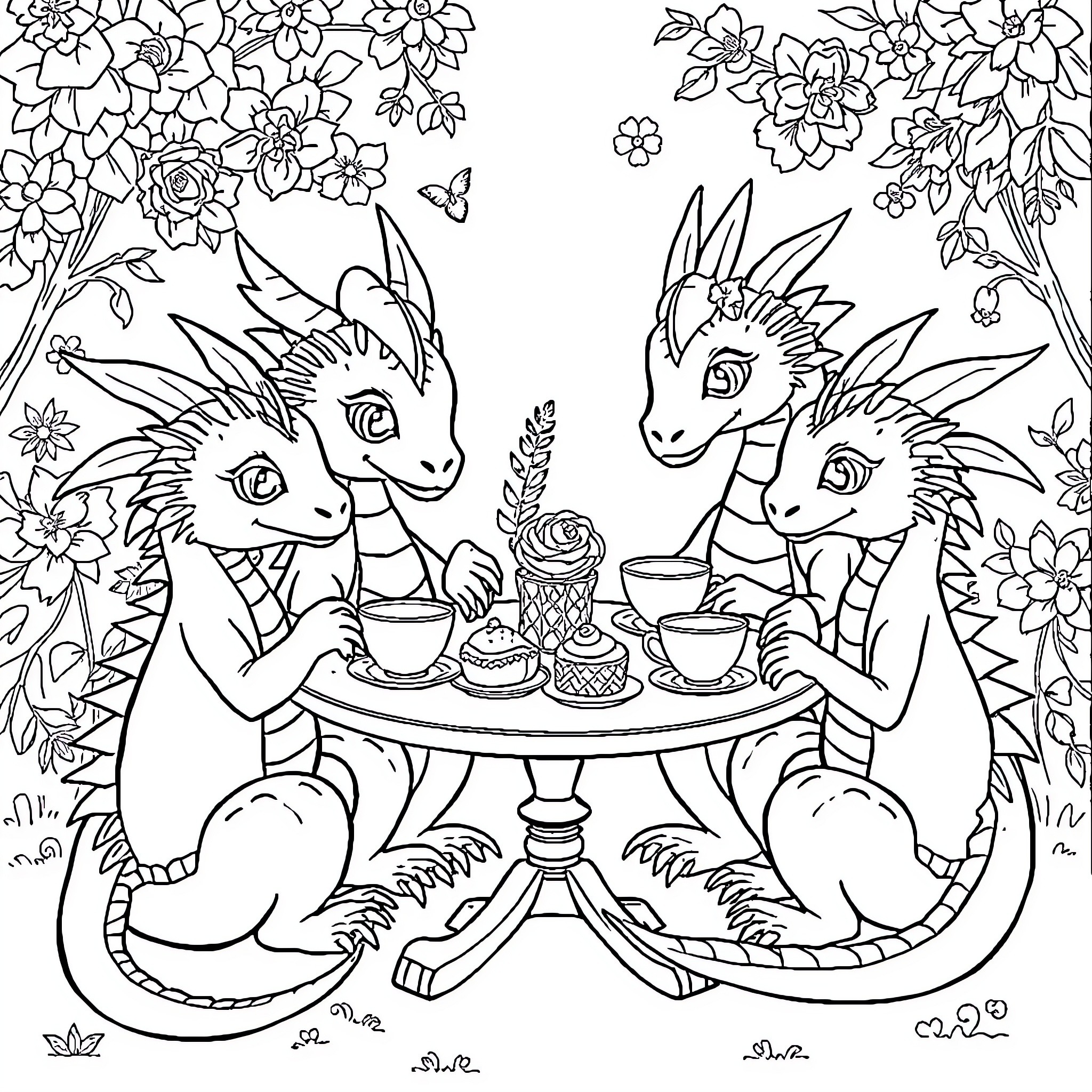 Dragon friends enjoying tea party in floral meadow Coloring Page (free black-and-white line drawing printable PDF for all, from beginners to advanced learners, including children, teens, adults, and seniors)