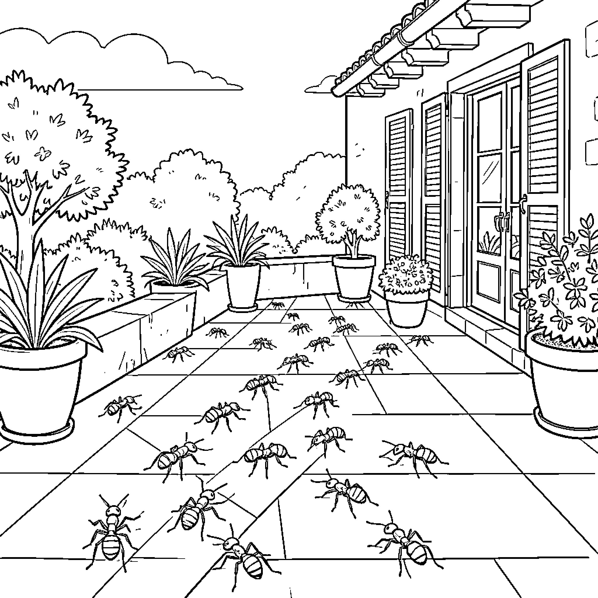 Ants marching across a sunny stone patio Coloring Page (free black-and-white line drawing printable PDF for all, from beginners to advanced learners, including children, teens, adults, and seniors)