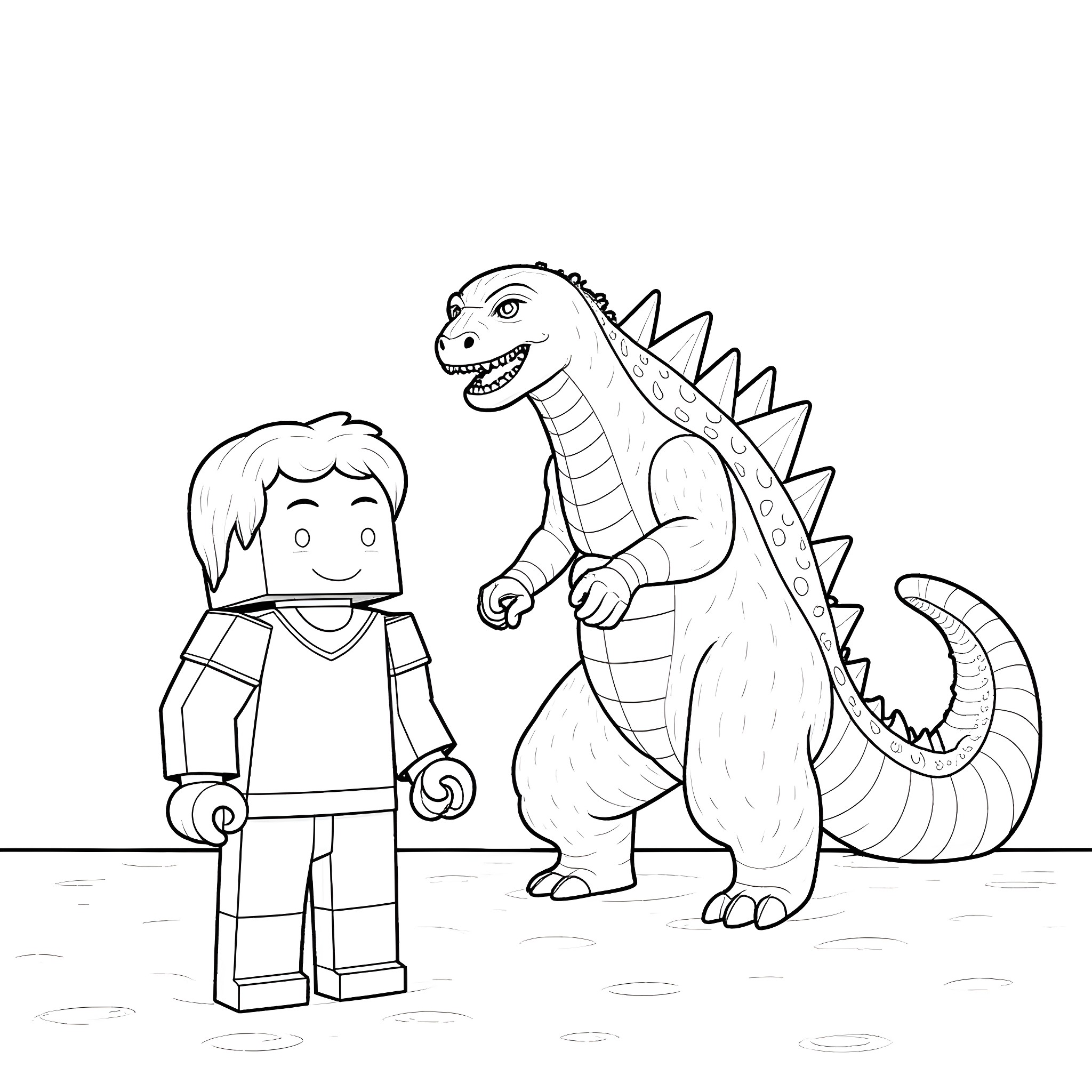 Minecraft Steve encounters a friendly Minecraft dragon Coloring Page (free black-and-white line drawing printable PDF for all, from beginners to advanced learners, including children, teens, adults, and seniors)