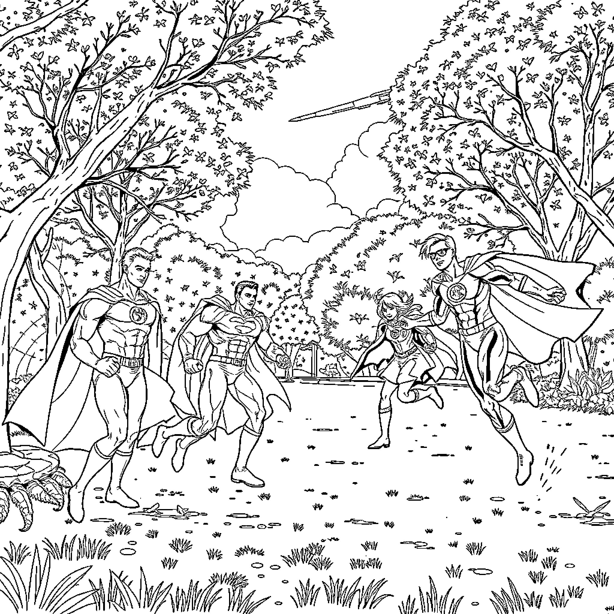Superhero characters in an enchanted forest scene Coloring Page (free black-and-white line drawing printable PDF for all, from beginners to advanced learners, including children, teens, adults, and seniors)