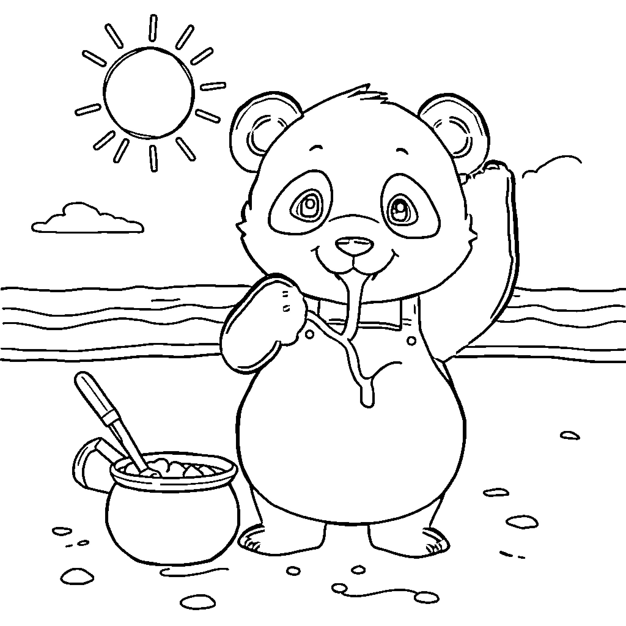 Panda enjoying a snack in the sun Coloring Page (free black-and-white line drawing printable PDF for all, from beginners to advanced learners, including children, teens, adults, and seniors)