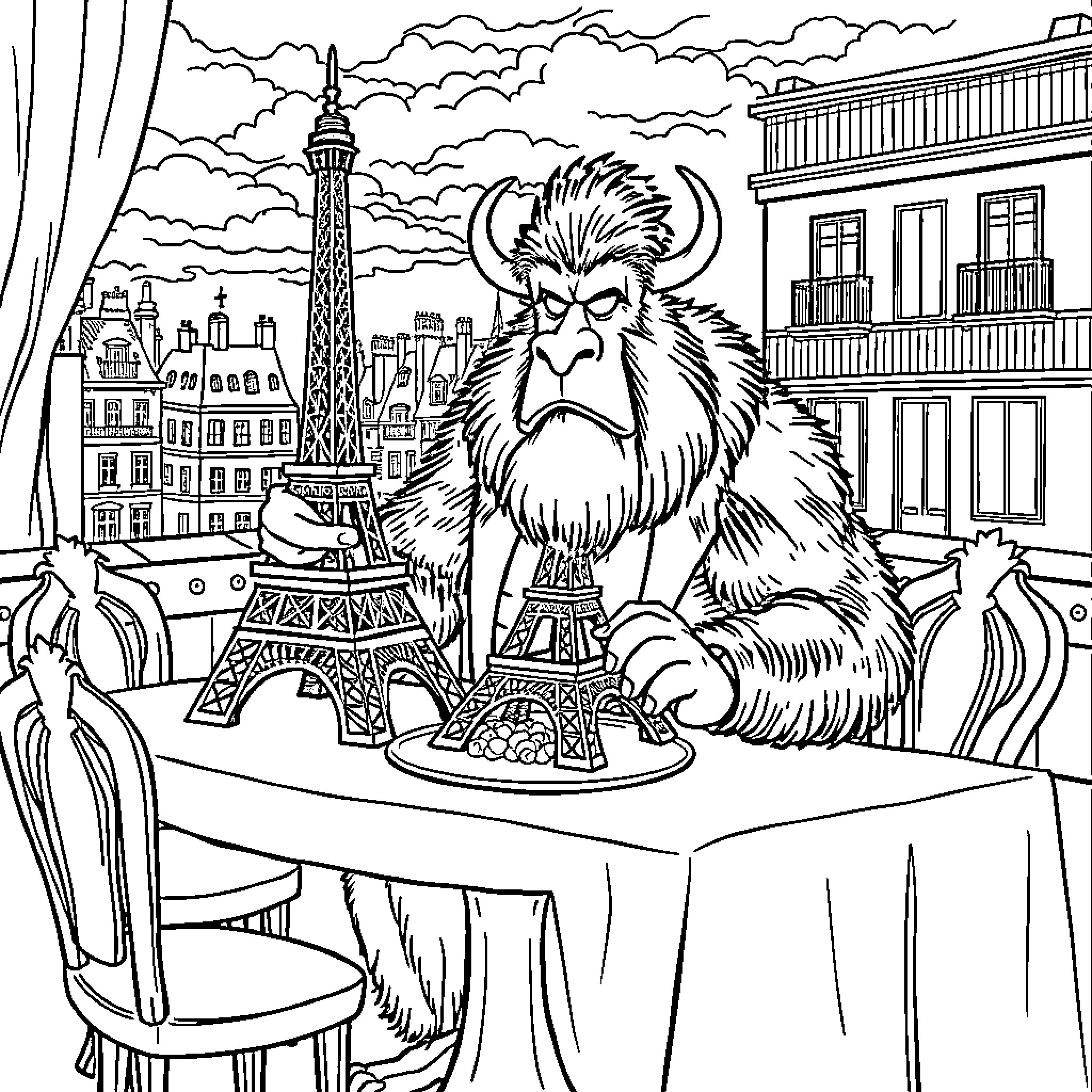 Mr Beast Explores the Whimsical Cityscape of Paris Coloring Page (free black-and-white line drawing printable PDF for all, from beginners to advanced learners, including children, teens, adults, and seniors)