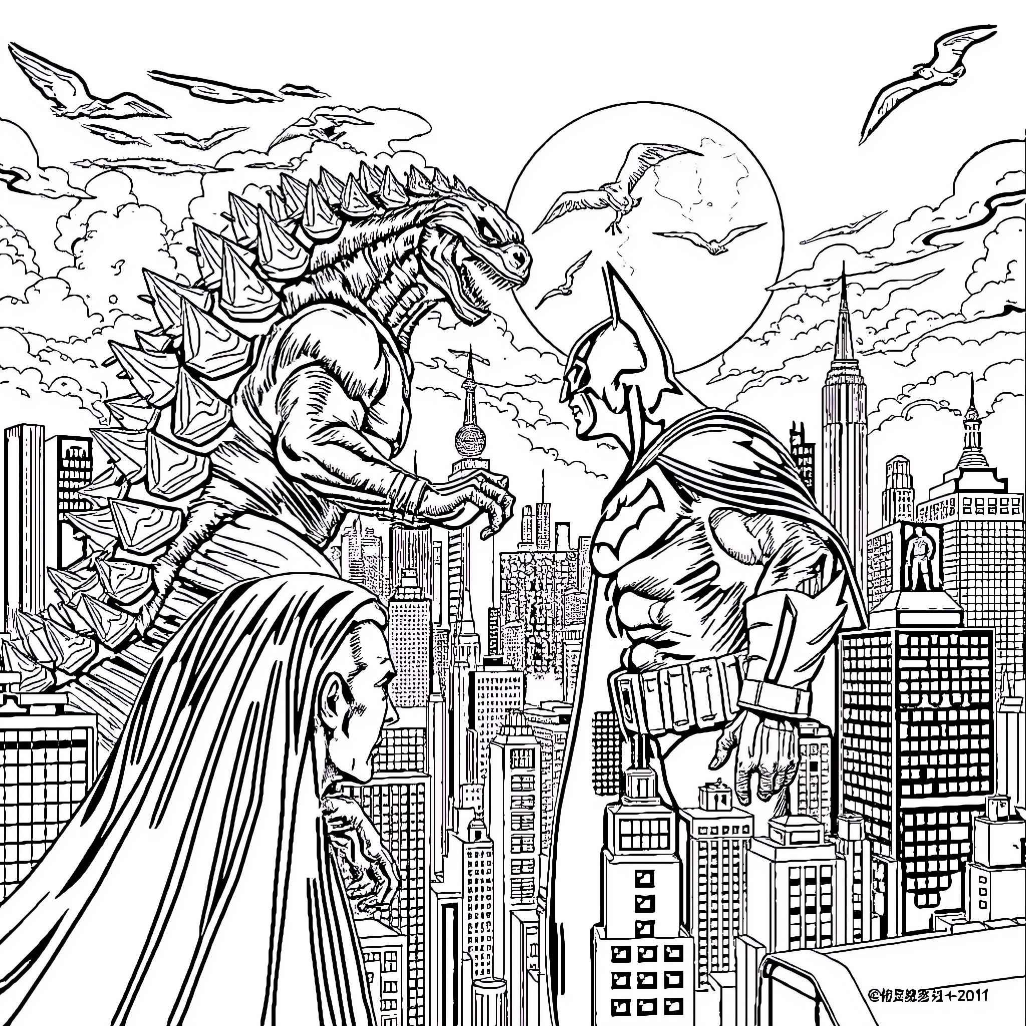 Batman Battles a Monstrous Foe Over the City Coloring Page (free black-and-white line drawing printable PDF for all, from beginners to advanced learners, including children, teens, adults, and seniors)