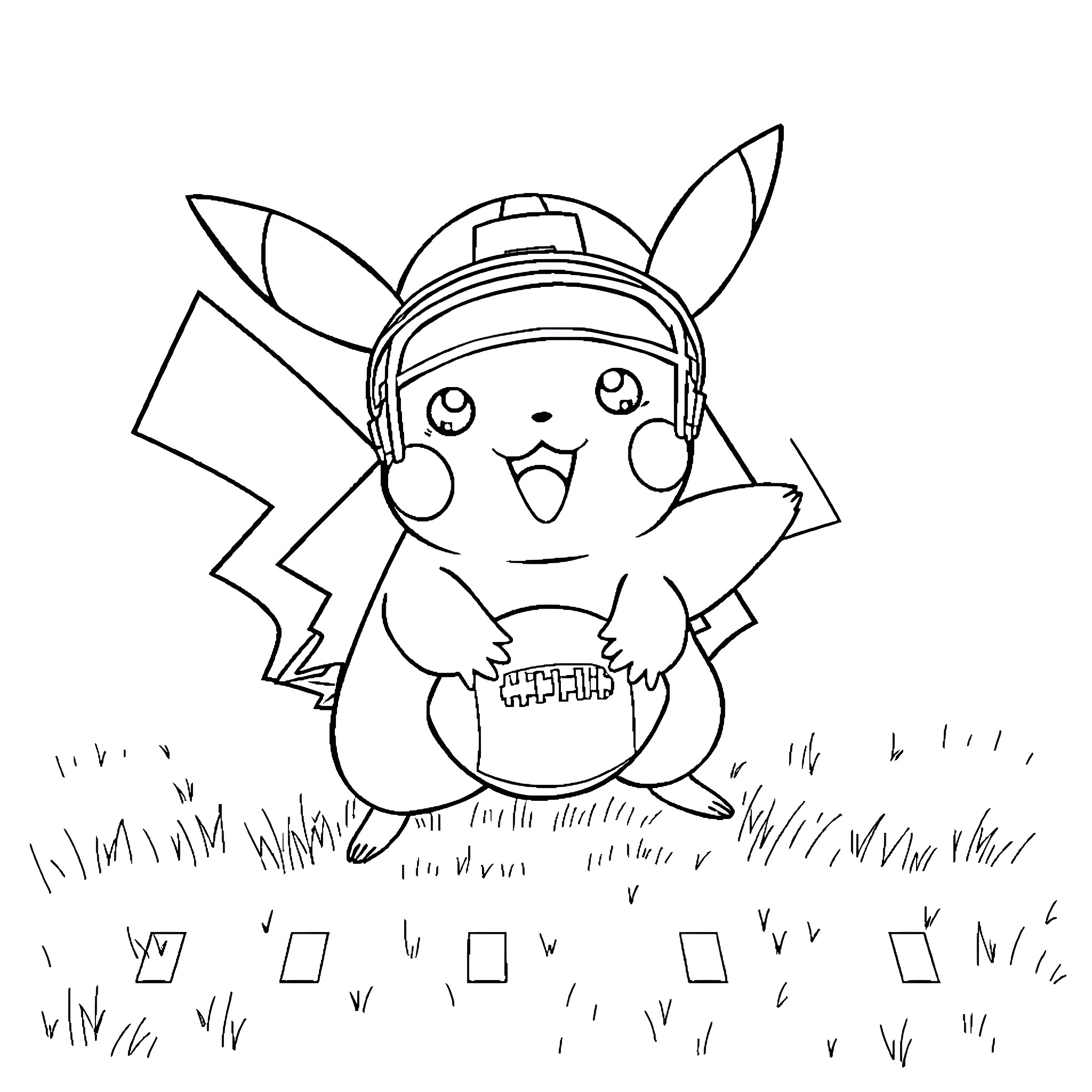 Pikachu playing cheerfully in the field Coloring Page (free black-and-white line drawing printable PDF for all, from beginners to advanced learners, including children, teens, adults, and seniors)