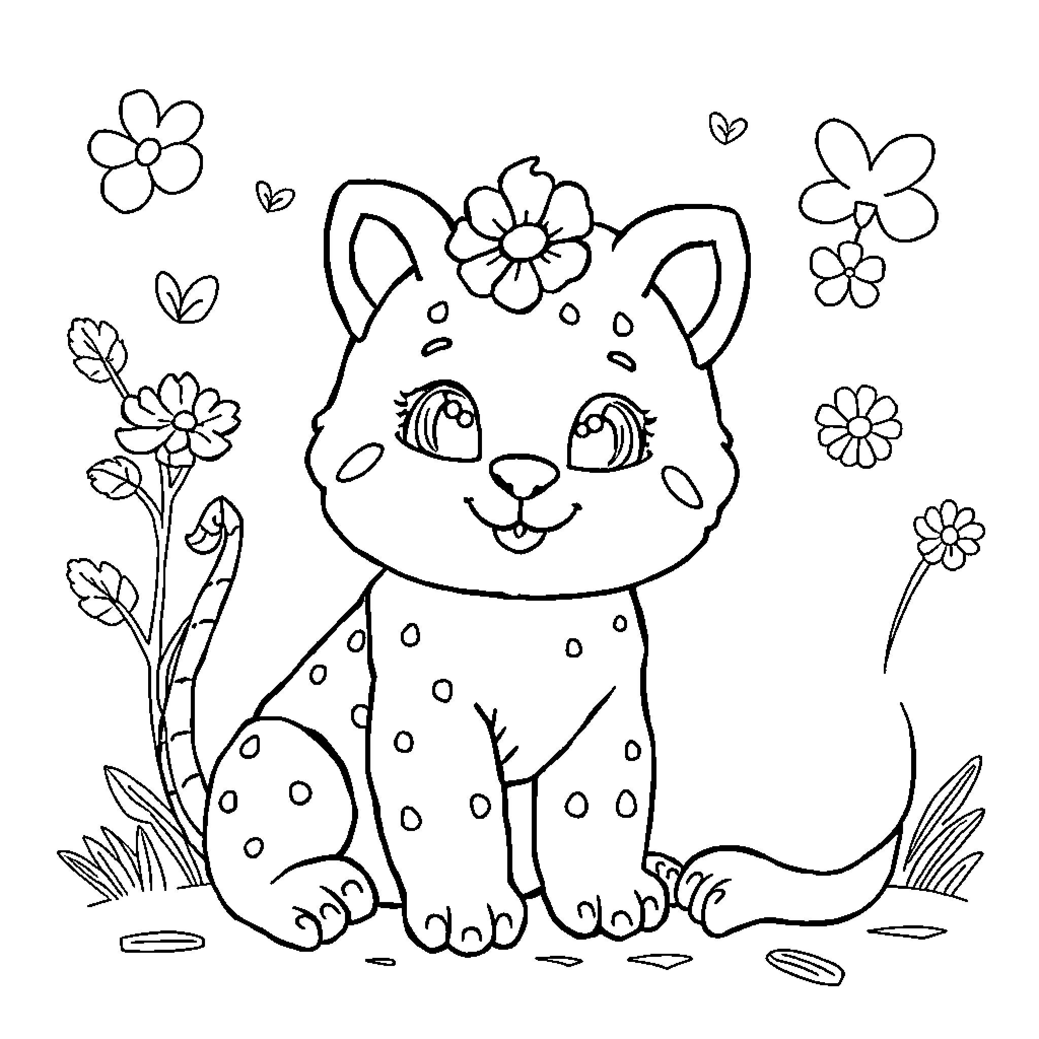 Drawing of a Cute Kitten Surrounded by Flowers Coloring Page (free black-and-white line drawing printable PDF for all, from beginners to advanced learners, including children, teens, adults, and seniors)