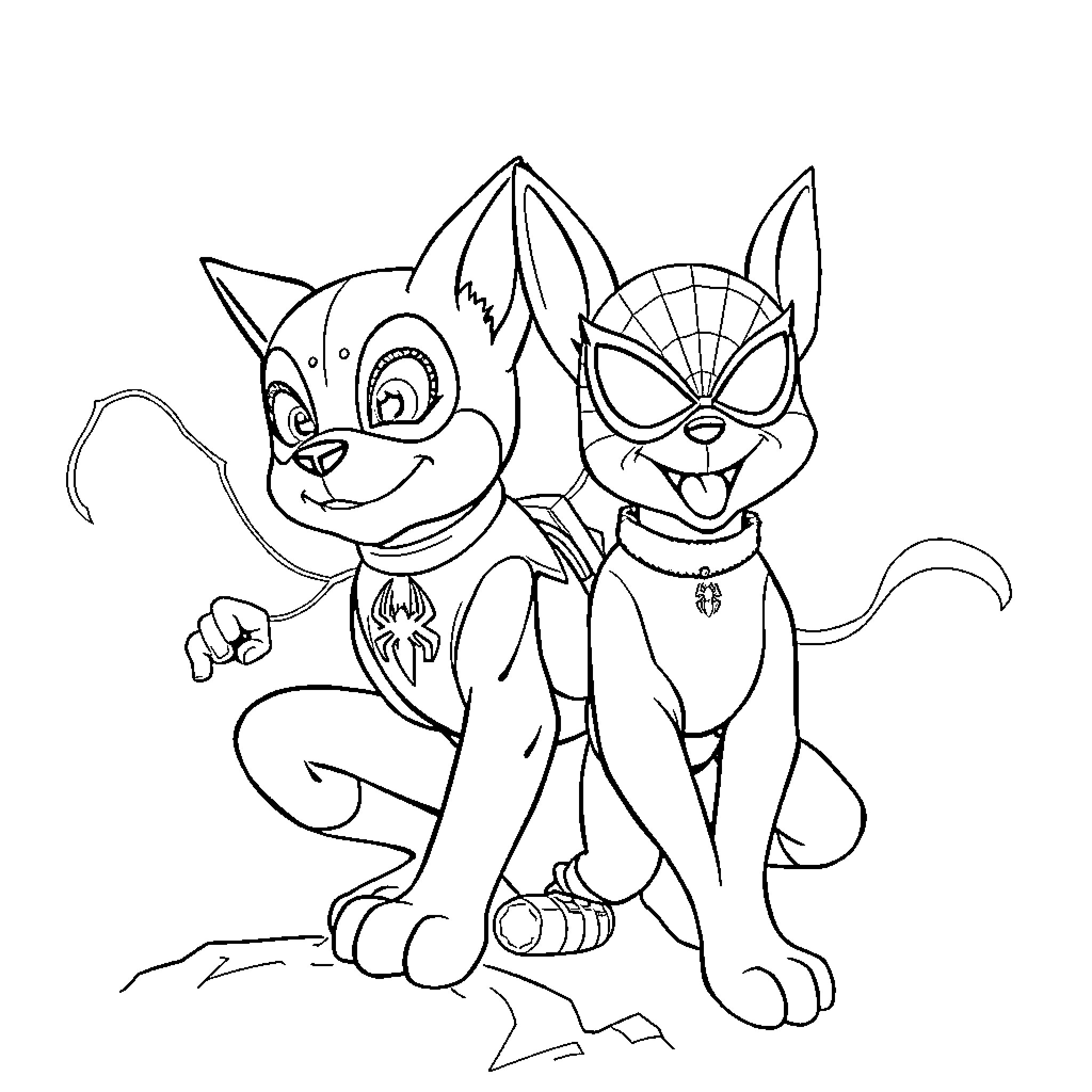 Patrouille of Playful Puppies in Costumes Coloring Page (free black-and-white line drawing printable PDF for all, from beginners to advanced learners, including children, teens, adults, and seniors)