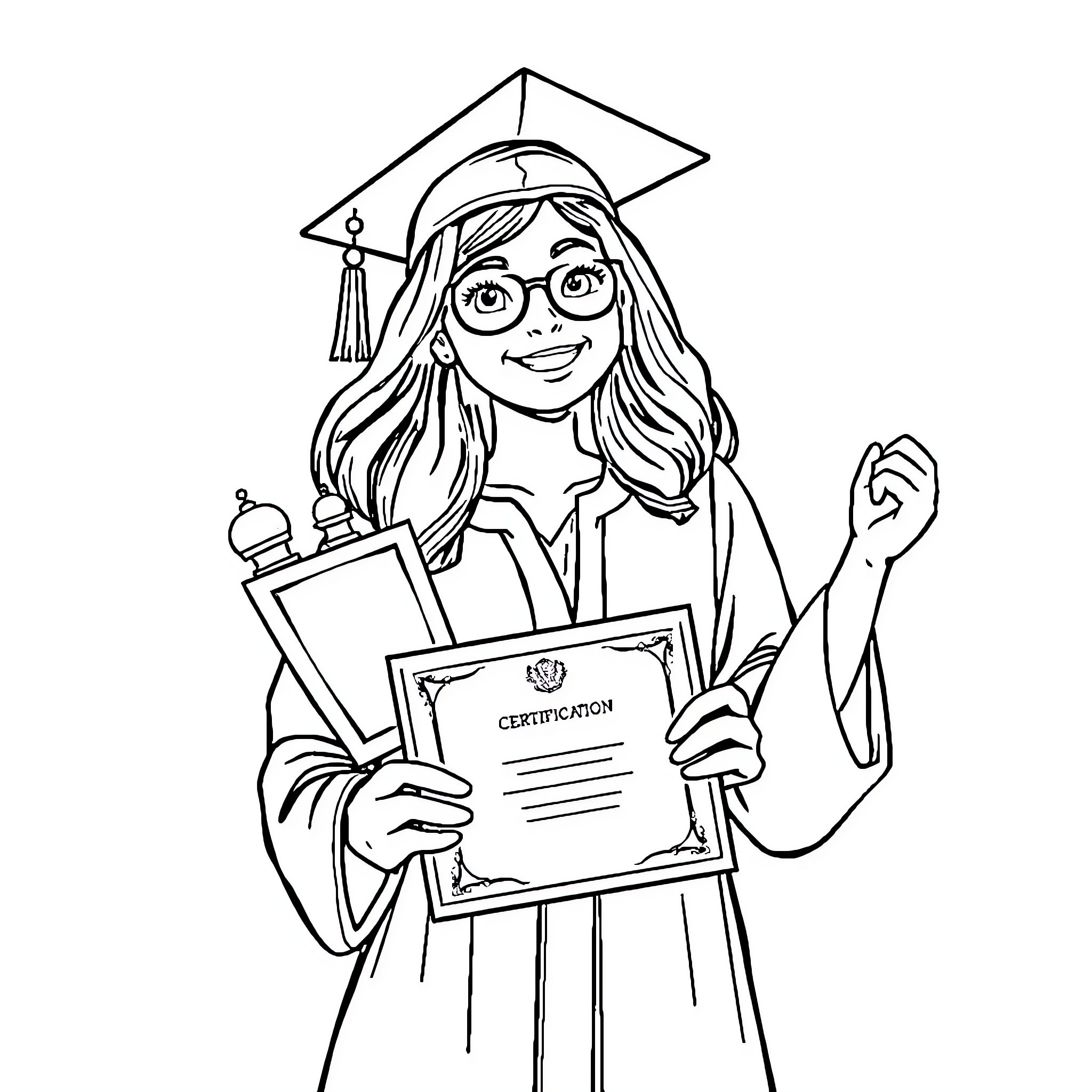 Student Proudly Holds Graduation Certificate Coloring Page (free black-and-white line drawing printable PDF for all, from beginners to advanced learners, including children, teens, adults, and seniors)