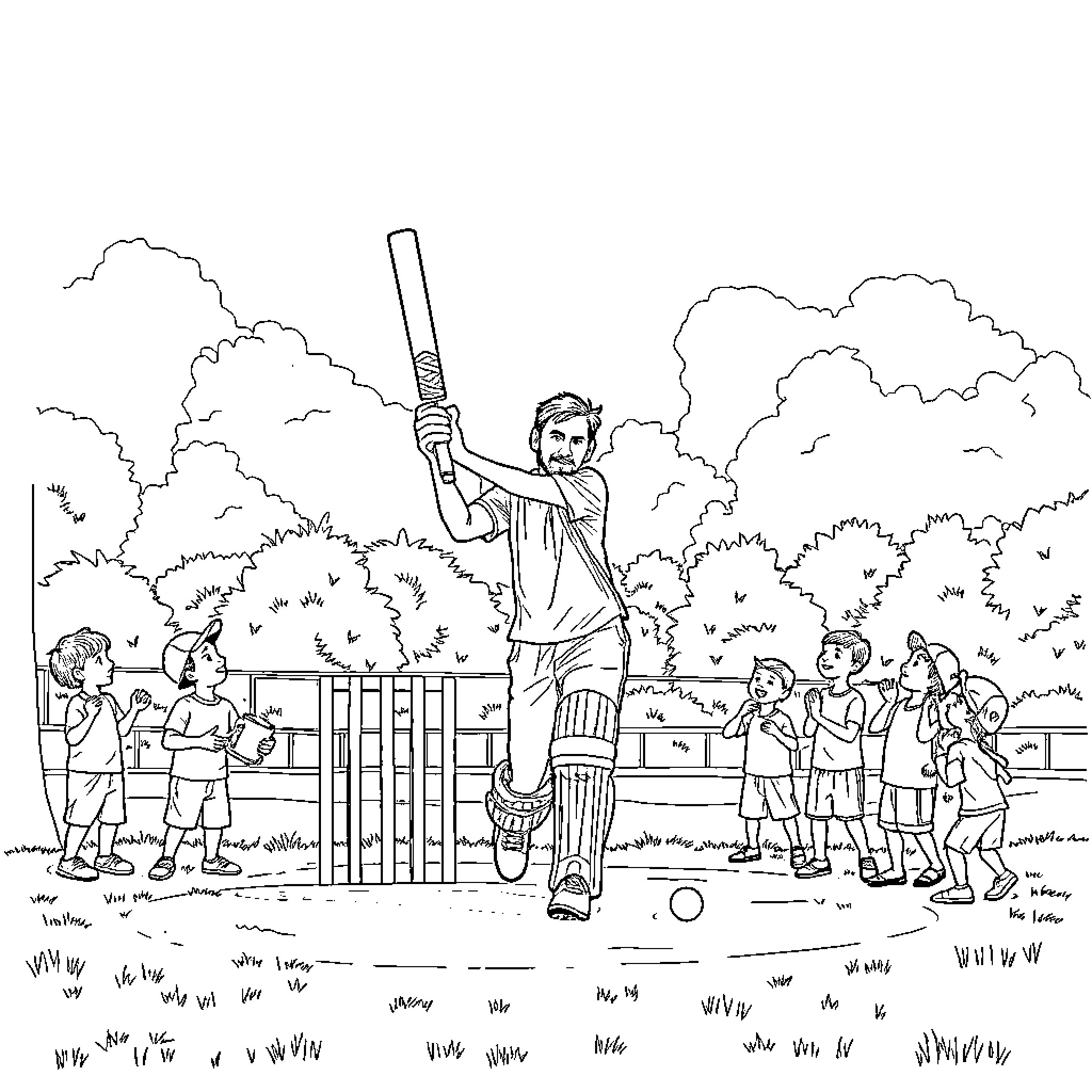 Messi Playing Cricket with Children on the Field Coloring Page (free black-and-white line drawing printable PDF for all, from beginners to advanced learners, including children, teens, adults, and seniors)