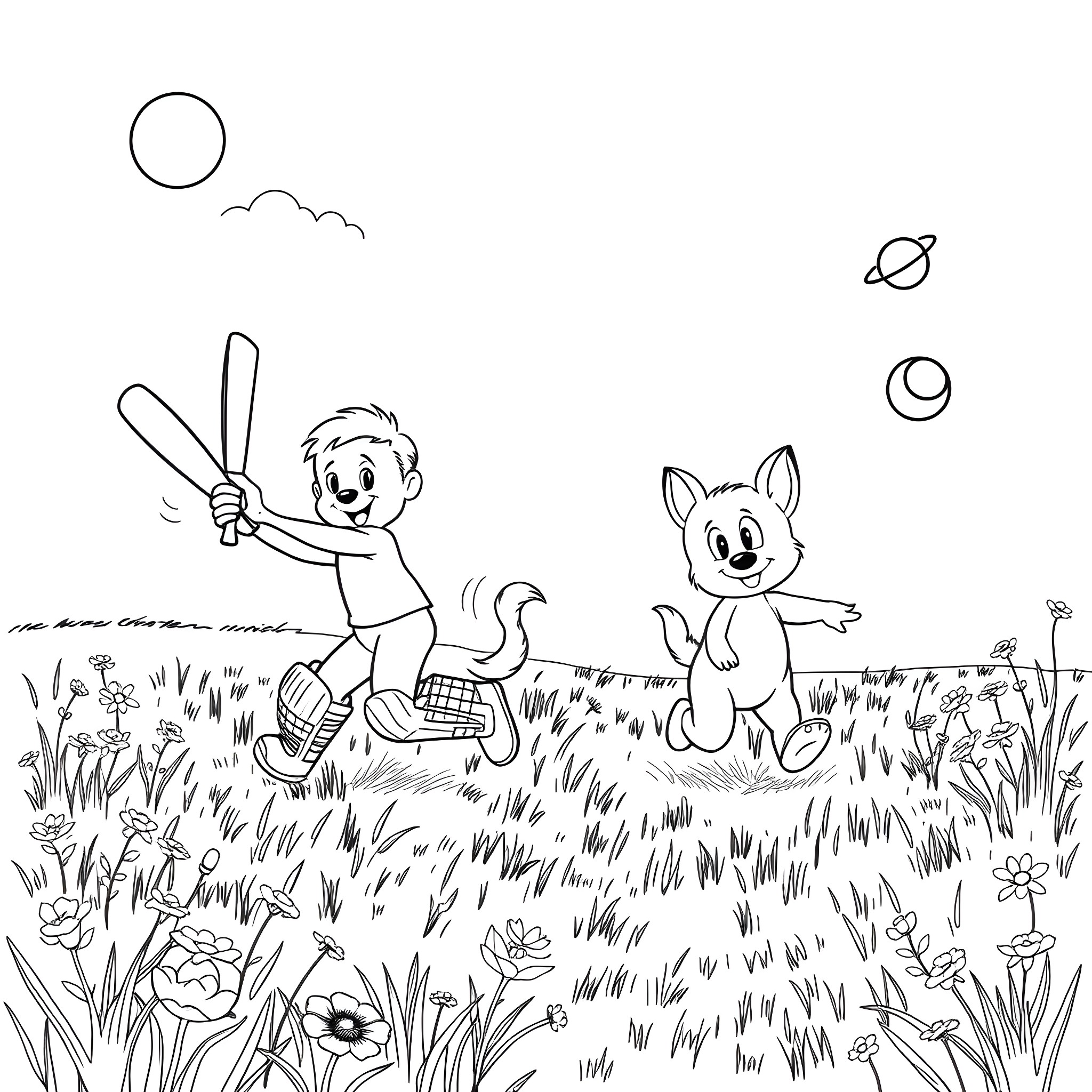 Bluey playing with friend in the meadow Coloring Page (free black-and-white line drawing printable PDF for all, from beginners to advanced learners, including children, teens, adults, and seniors)