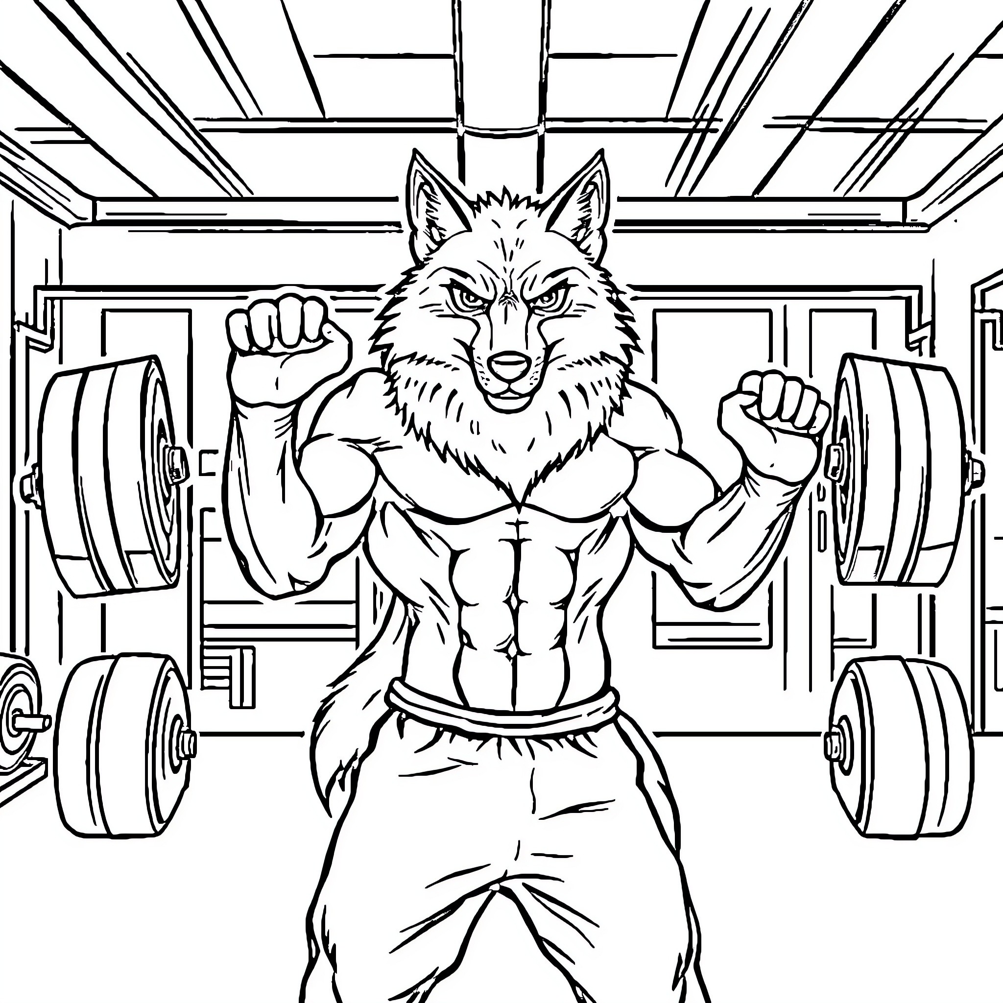 Wolf lifting weights powerfully in the gym Coloring Page (free black-and-white line drawing printable PDF for all, from beginners to advanced learners, including children, teens, adults, and seniors)