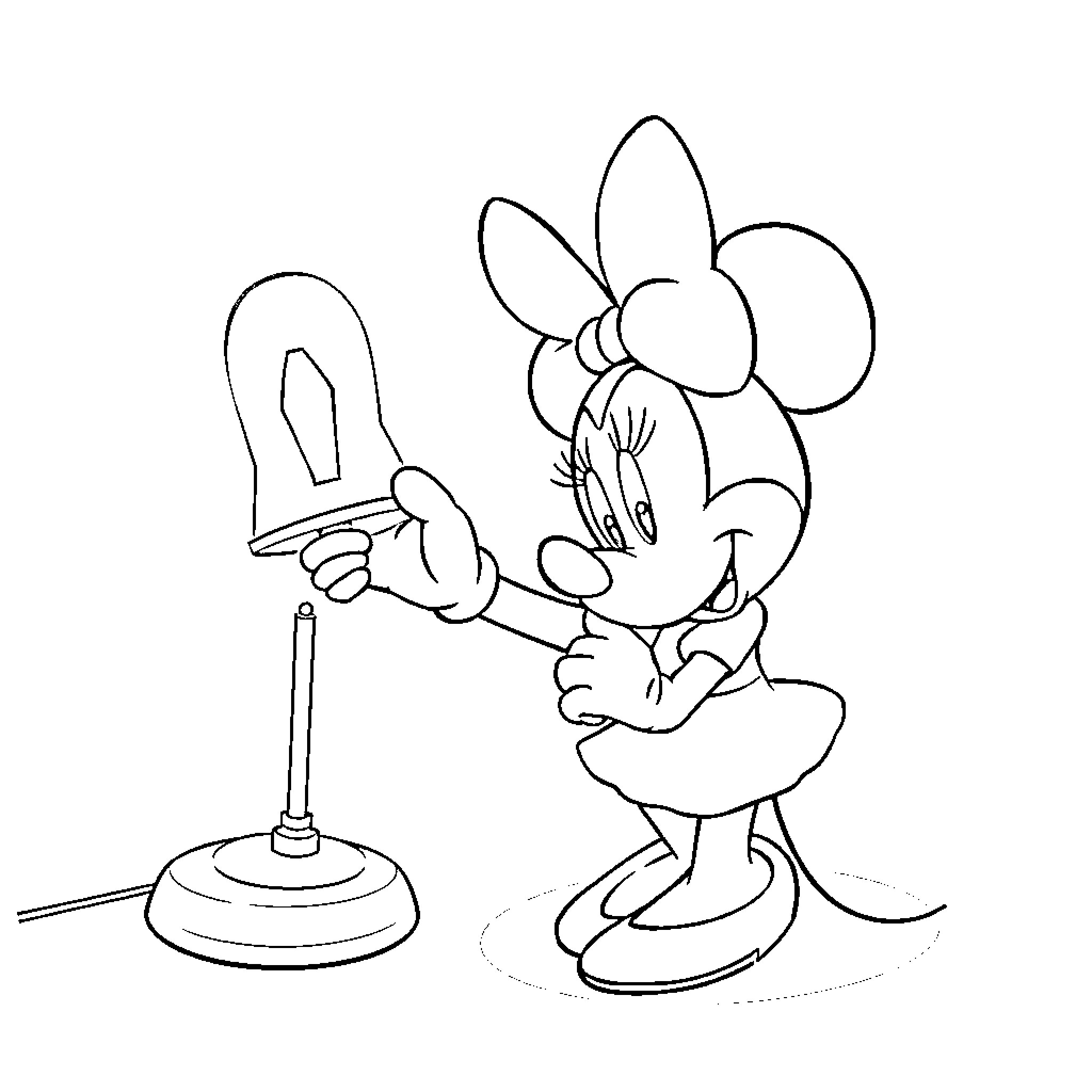 Minnie Mouse holding a light bulb and smiling Coloring Page (free black-and-white line drawing printable PDF for all, from beginners to advanced learners, including children, teens, adults, and seniors)
