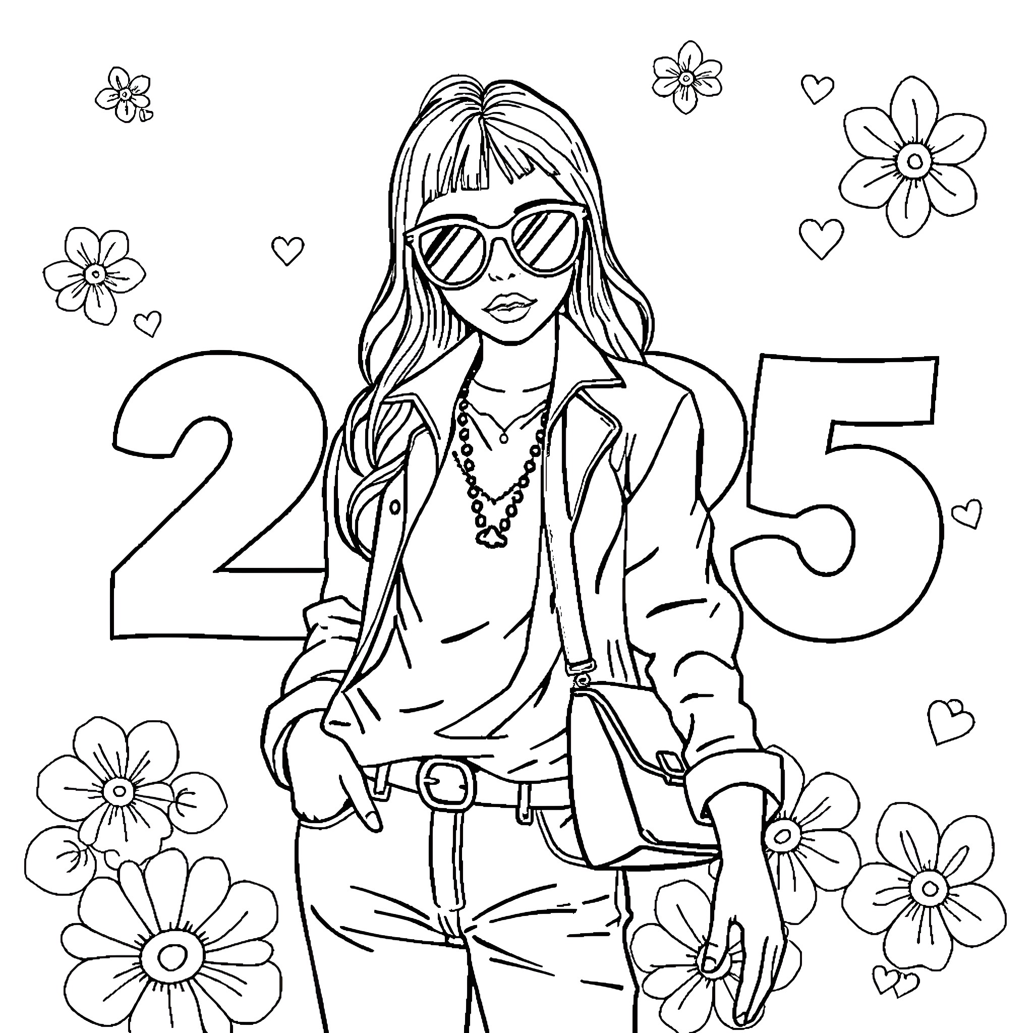 Preppy Teen Girl Celebrating 2025 with Flowers Coloring Page (free black-and-white line drawing printable PDF for all, from beginners to advanced learners, including children, teens, adults, and seniors)