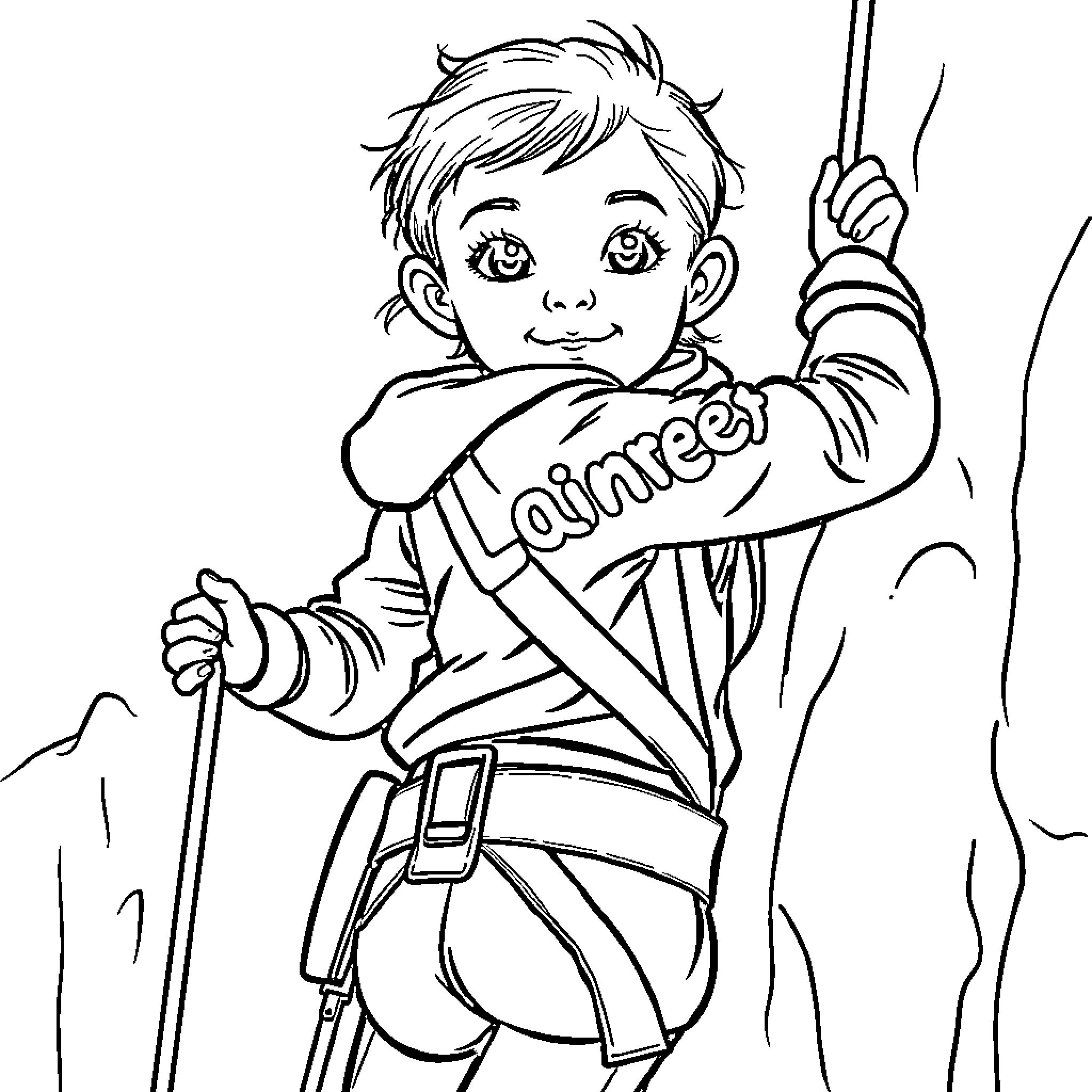 Fille climbing with rope and harness Coloring Page (free black-and-white line drawing printable PDF for all, from beginners to advanced learners, including children, teens, adults, and seniors)