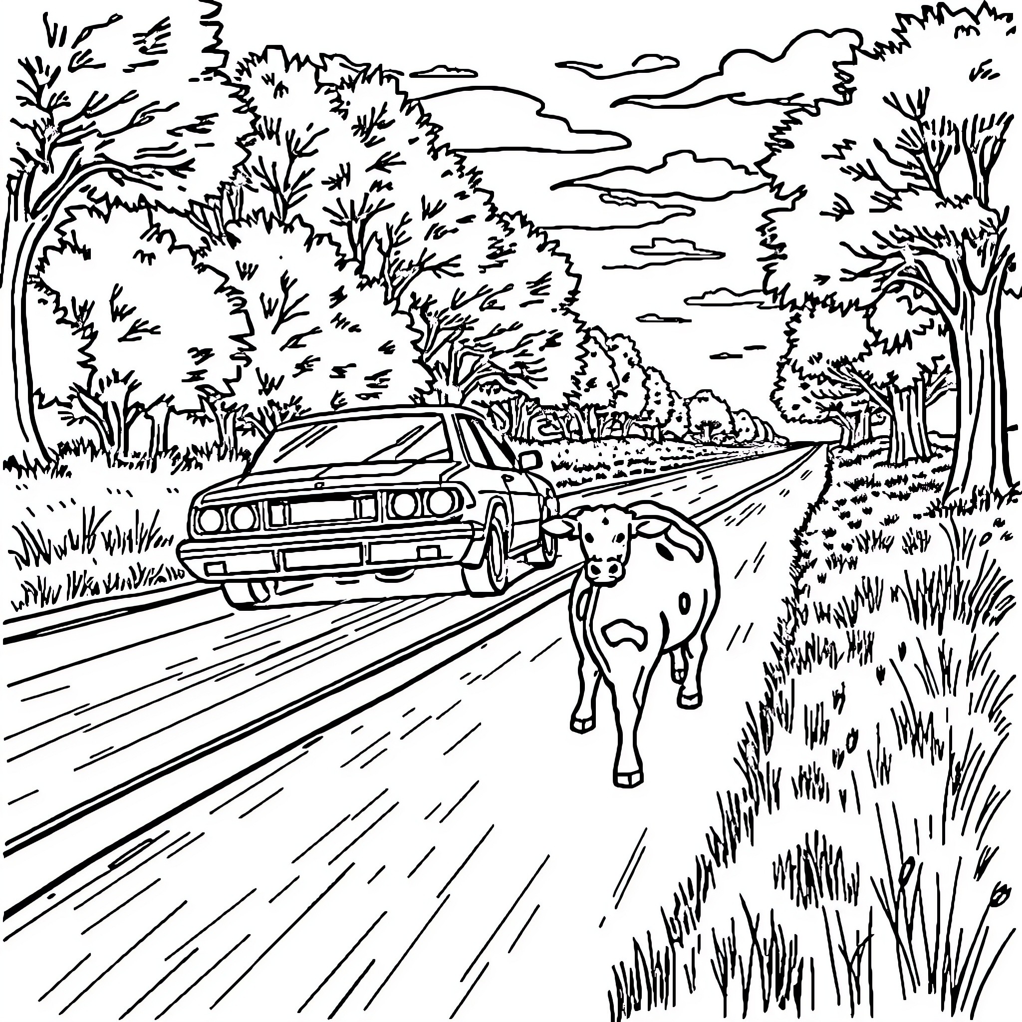 Car Traveling on Rural Road with Animal Crossing Coloring Page (free black-and-white line drawing printable PDF for all, from beginners to advanced learners, including children, teens, adults, and seniors)