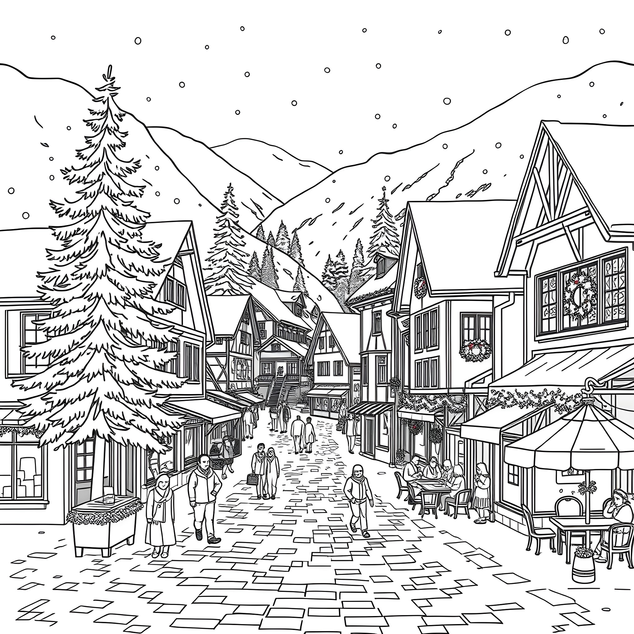 Plaza with Festive Shoppers and Snowy Scenery Coloring Page (free black-and-white line drawing printable PDF for all, from beginners to advanced learners, including children, teens, adults, and seniors)