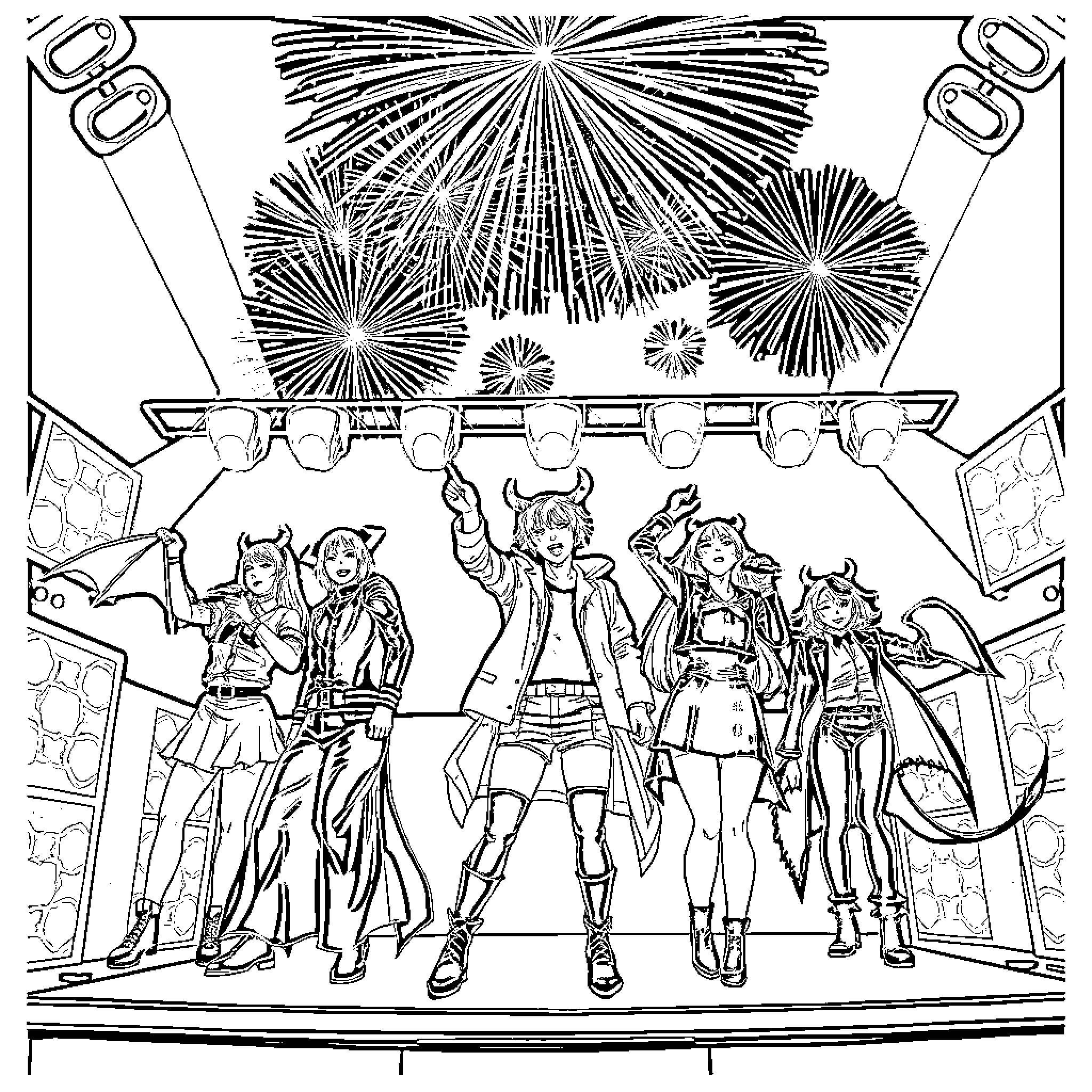 Demon Hunter Trio Triumphant at Celebration Coloring Page (free black-and-white line drawing printable PDF for all, from beginners to advanced learners, including children, teens, adults, and seniors)