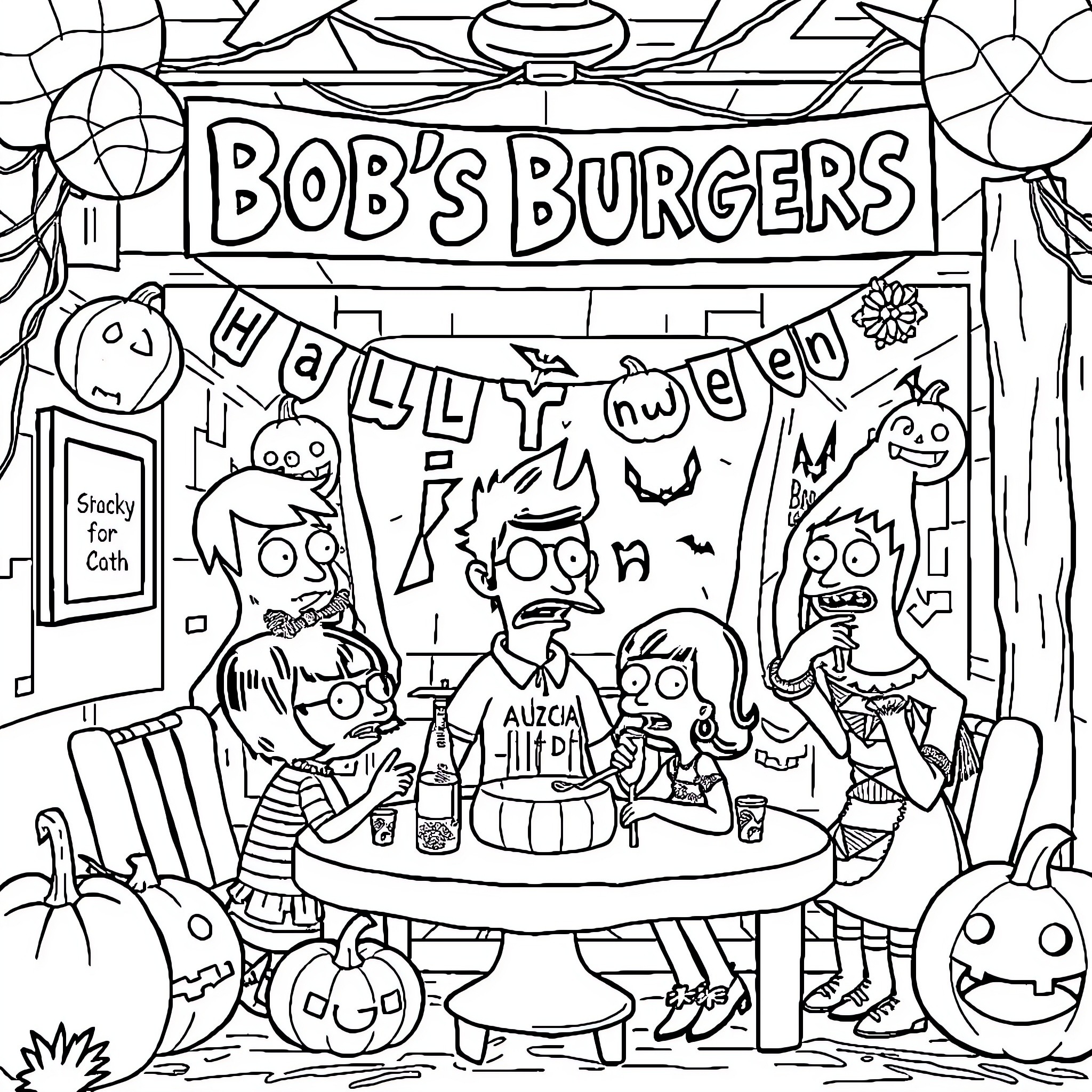 Bob's Burgers: Spooky Halloween Celebration at the Restaurant Coloring Page (free black-and-white line drawing printable PDF for all, from beginners to advanced learners, including children, teens, adults, and seniors)
