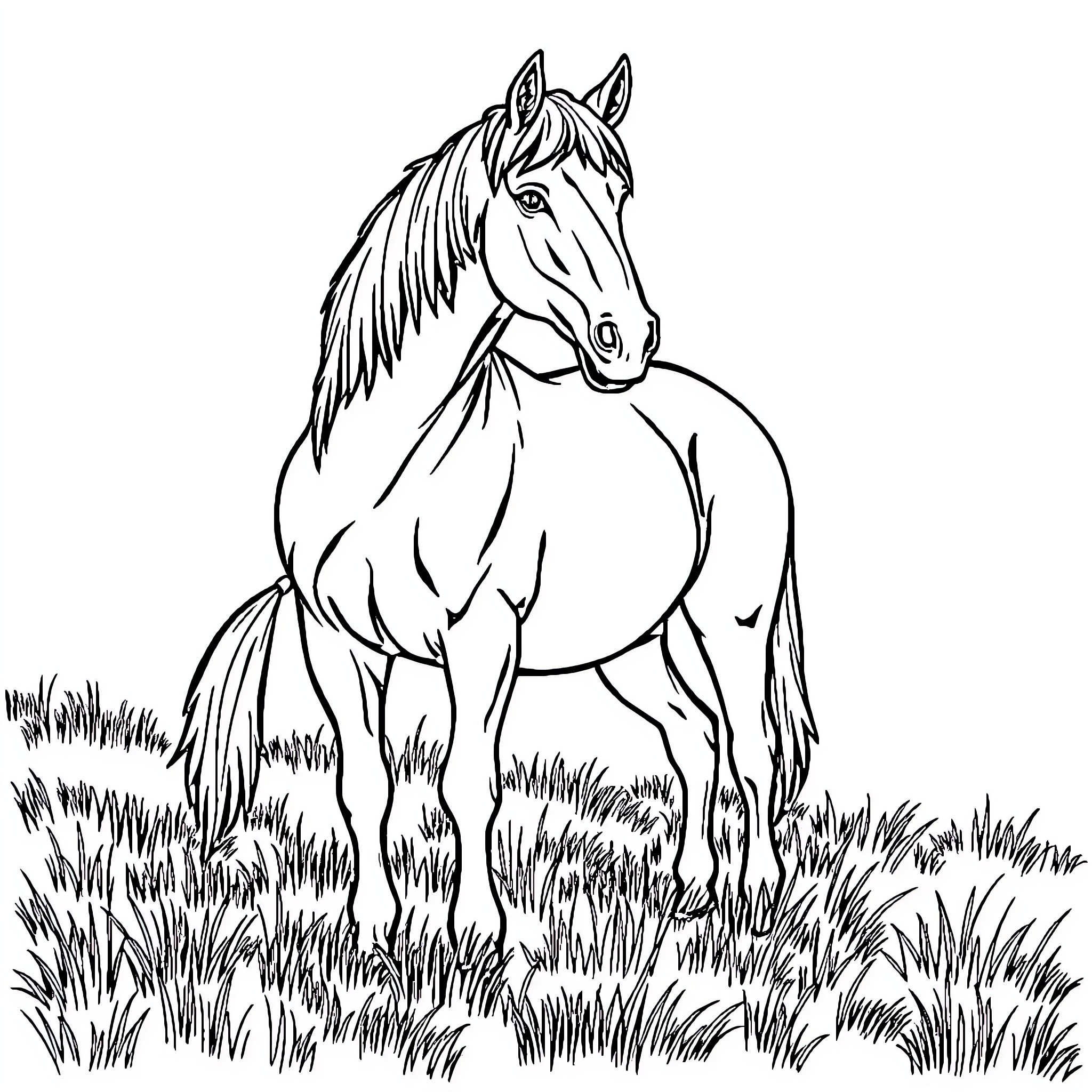 Fjord Horse standing proudly in the field Coloring Page (free black-and-white line drawing printable PDF for all, from beginners to advanced learners, including children, teens, adults, and seniors)
