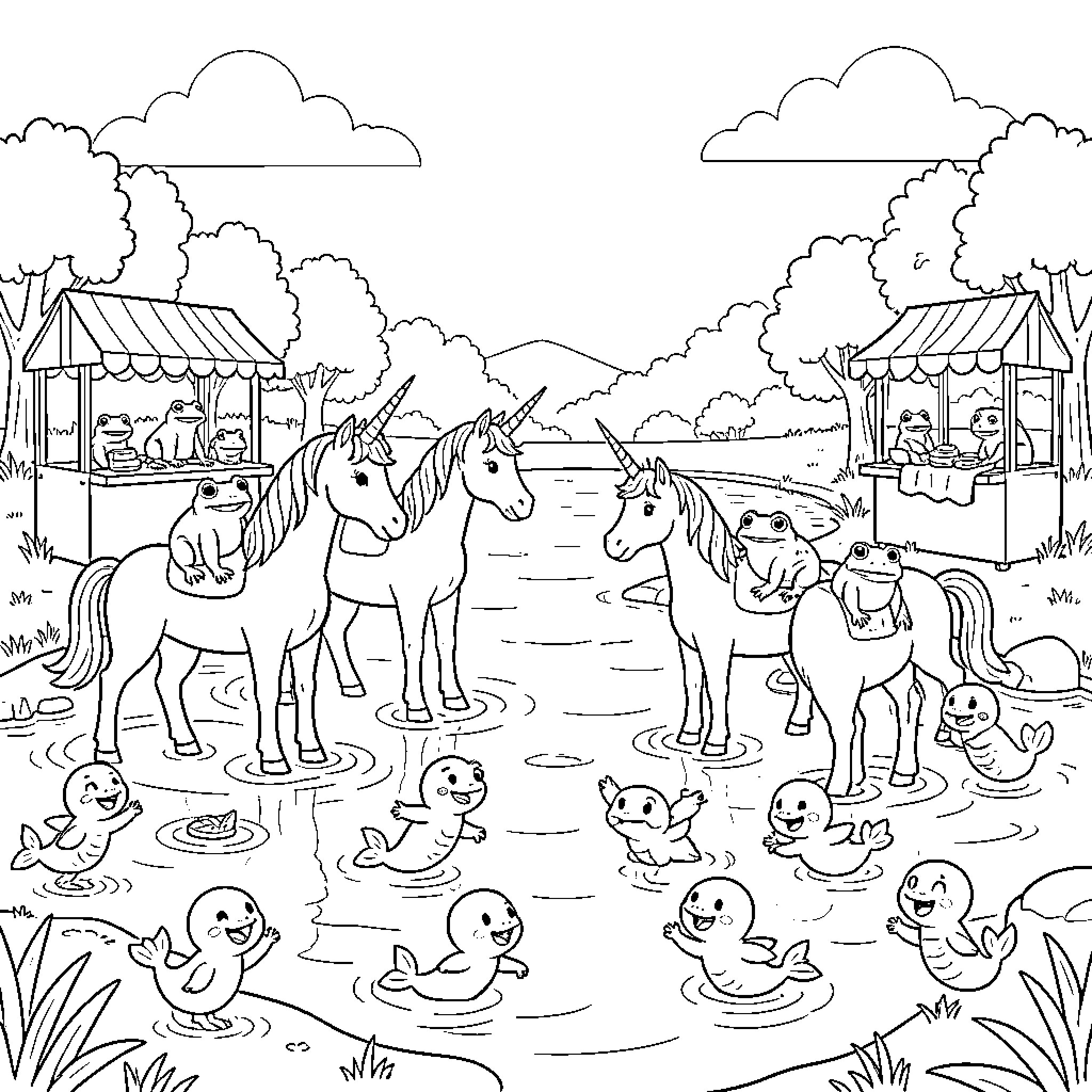 Unicorns wading through water with friendly frogs and sea creatures Coloring Page (free black-and-white line drawing printable PDF for all, from beginners to advanced learners, including children, teens, adults, and seniors)
