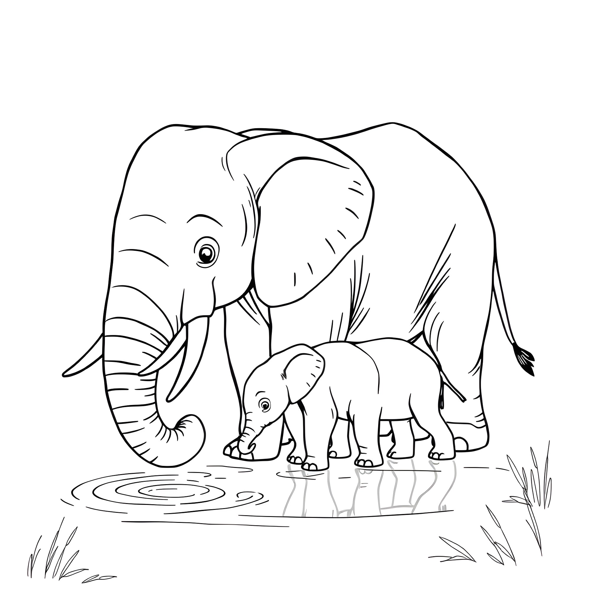 Elephant mother and calf in the wild Coloring Page (free black-and-white line drawing printable PDF for all, from beginners to advanced learners, including children, teens, adults, and seniors)