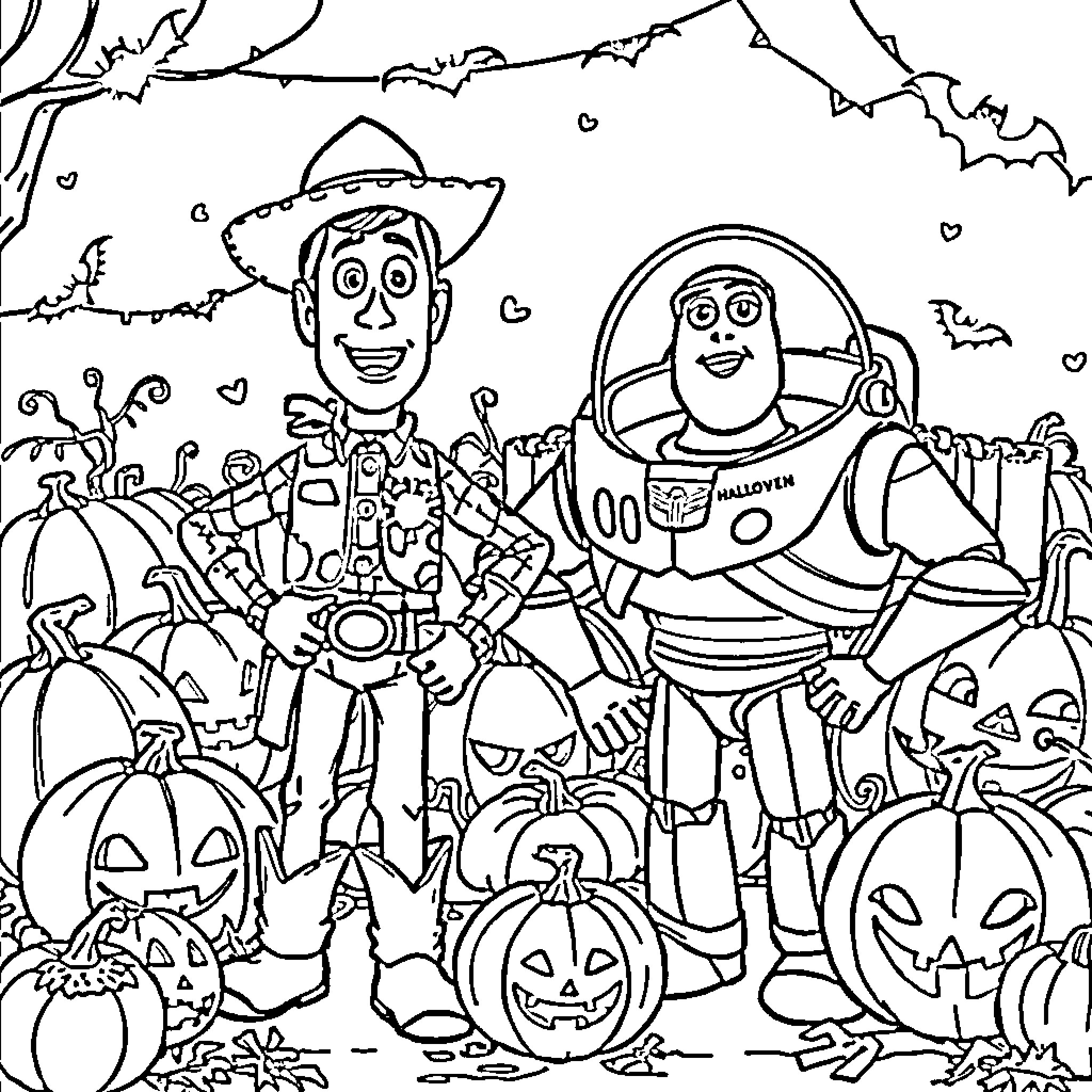 Toy Story Halloween Celebrations with Woody and Buzz Coloring Page (free black-and-white line drawing printable PDF for all, from beginners to advanced learners, including children, teens, adults, and seniors)