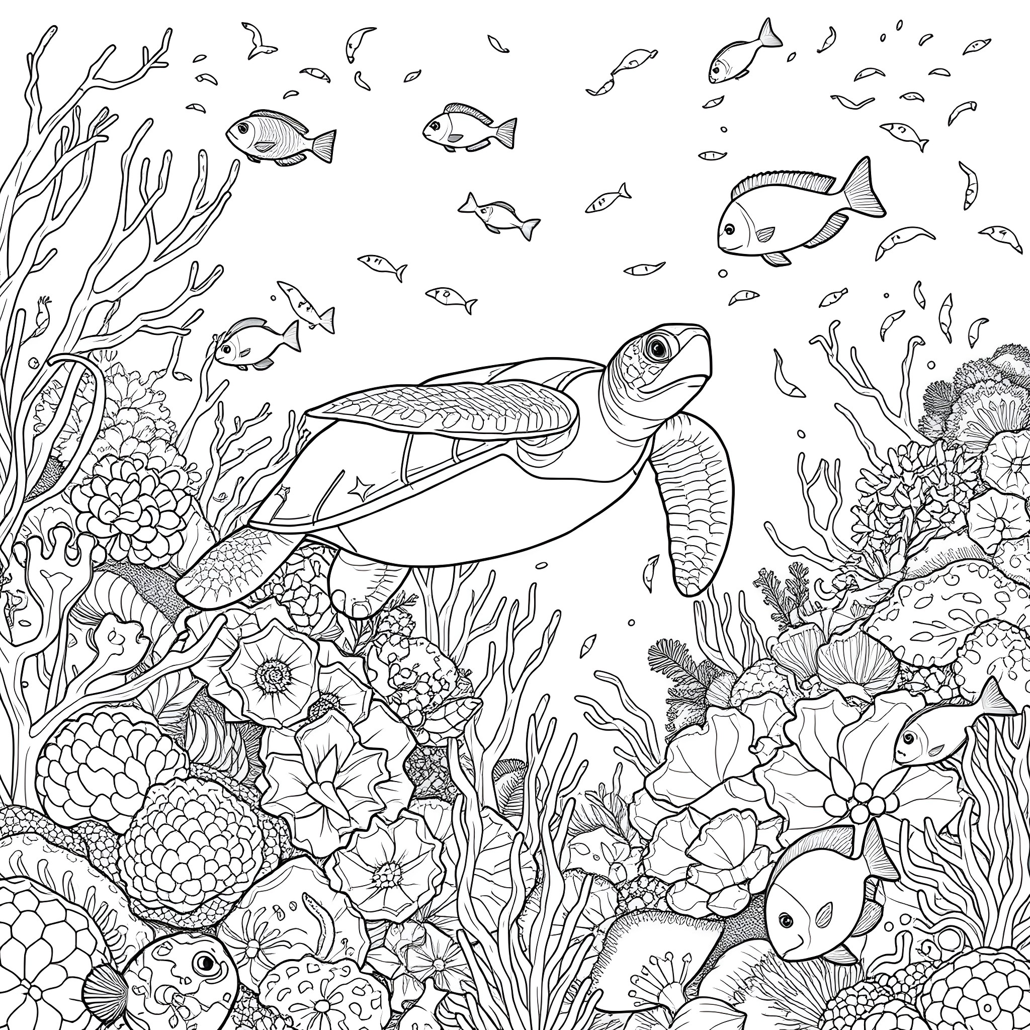 Turtle swimming among vibrant underwater flora and fauna Coloring Page (free black-and-white line drawing printable PDF for all, from beginners to advanced learners, including children, teens, adults, and seniors)