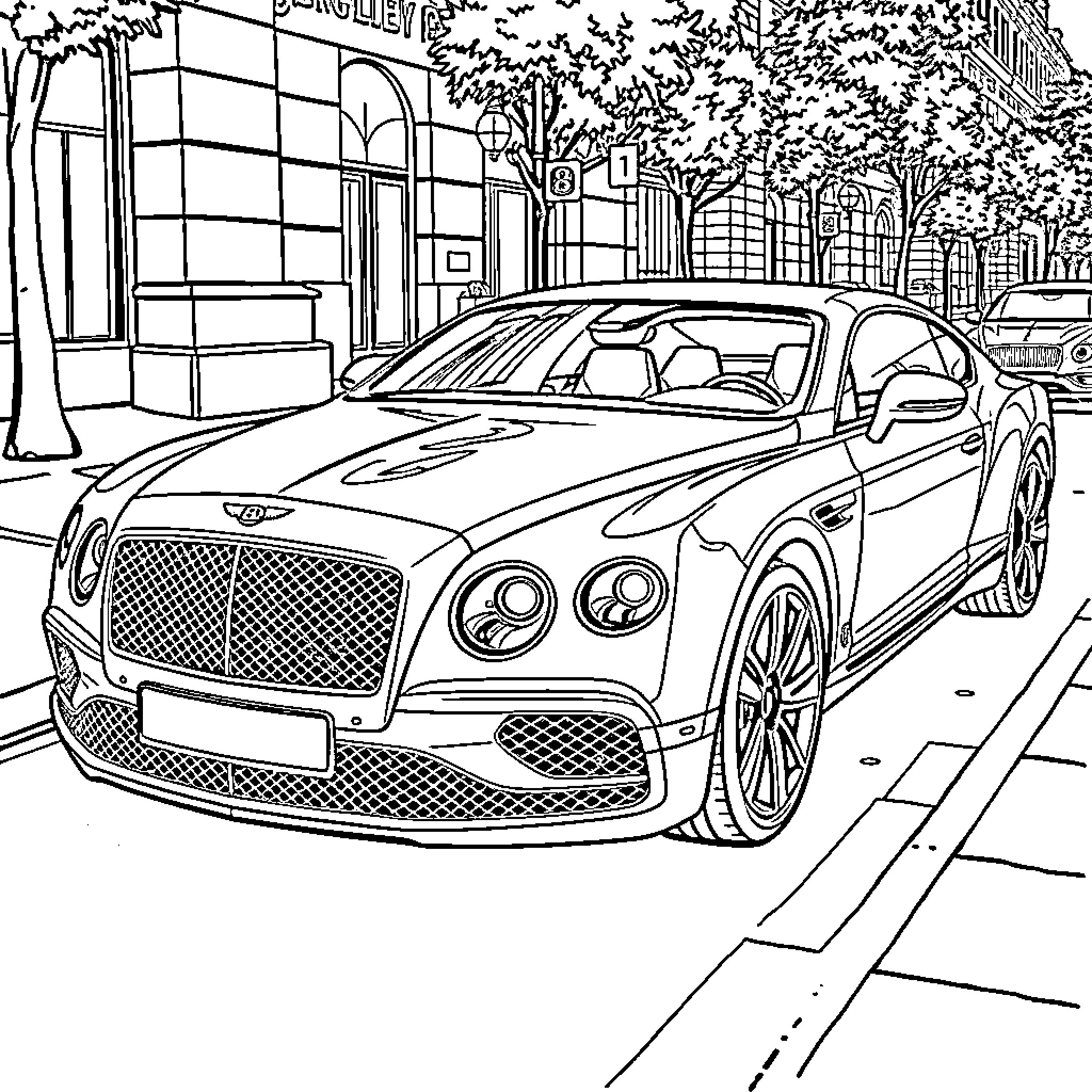 Bentley luxury sports car on city street Coloring Page (free black-and-white line drawing printable PDF for all, from beginners to advanced learners, including children, teens, adults, and seniors)