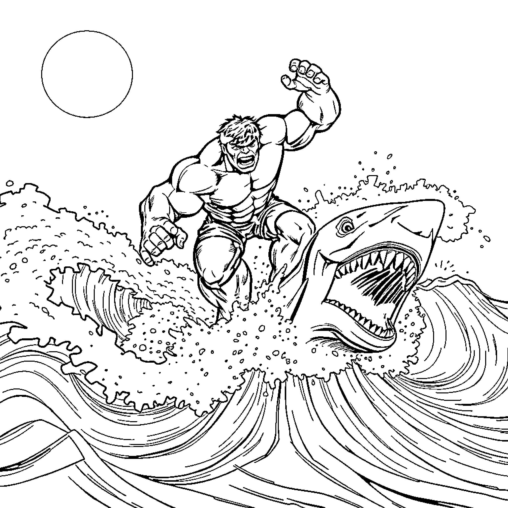 Hulk Smashing Fearsome Shark in Stormy Waves Coloring Page (free black-and-white line drawing printable PDF for all, from beginners to advanced learners, including children, teens, adults, and seniors)