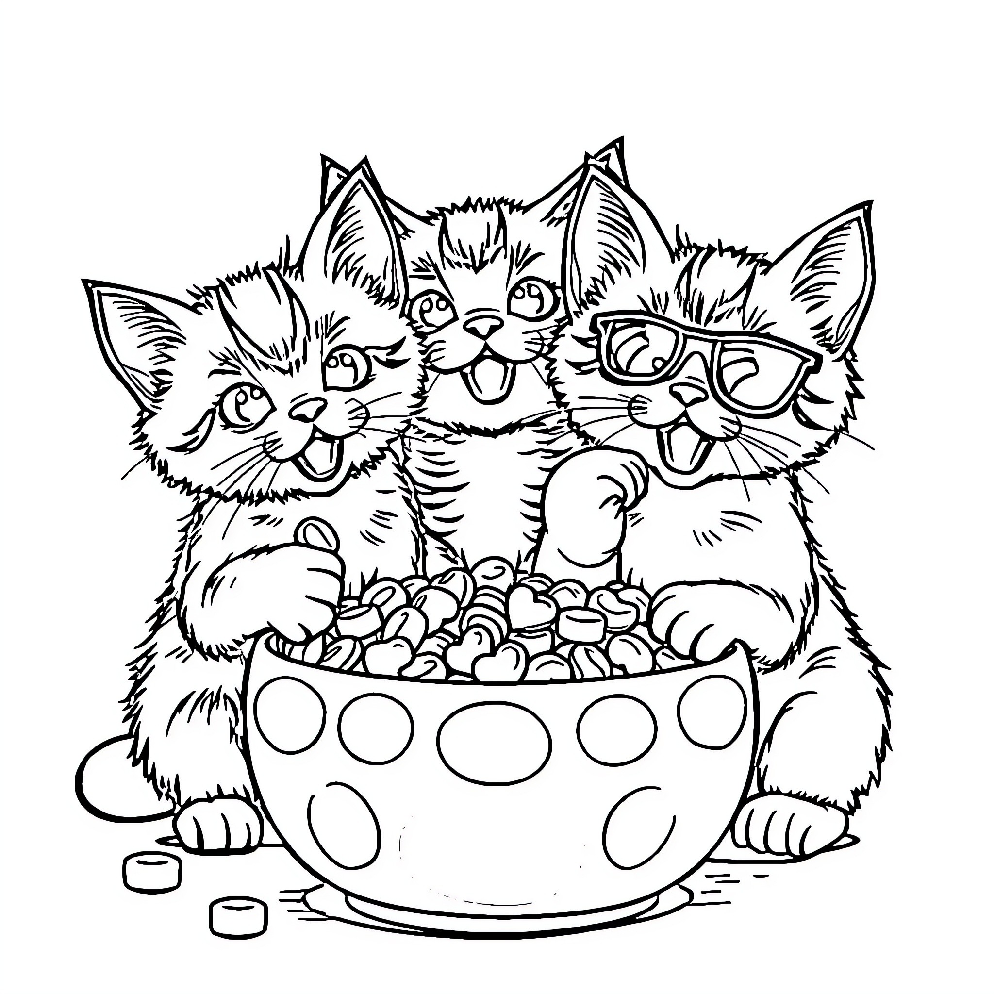 Kitty Cats Feasting in Spotted Bowl Coloring Page (free black-and-white line drawing printable PDF for all, from beginners to advanced learners, including children, teens, adults, and seniors)