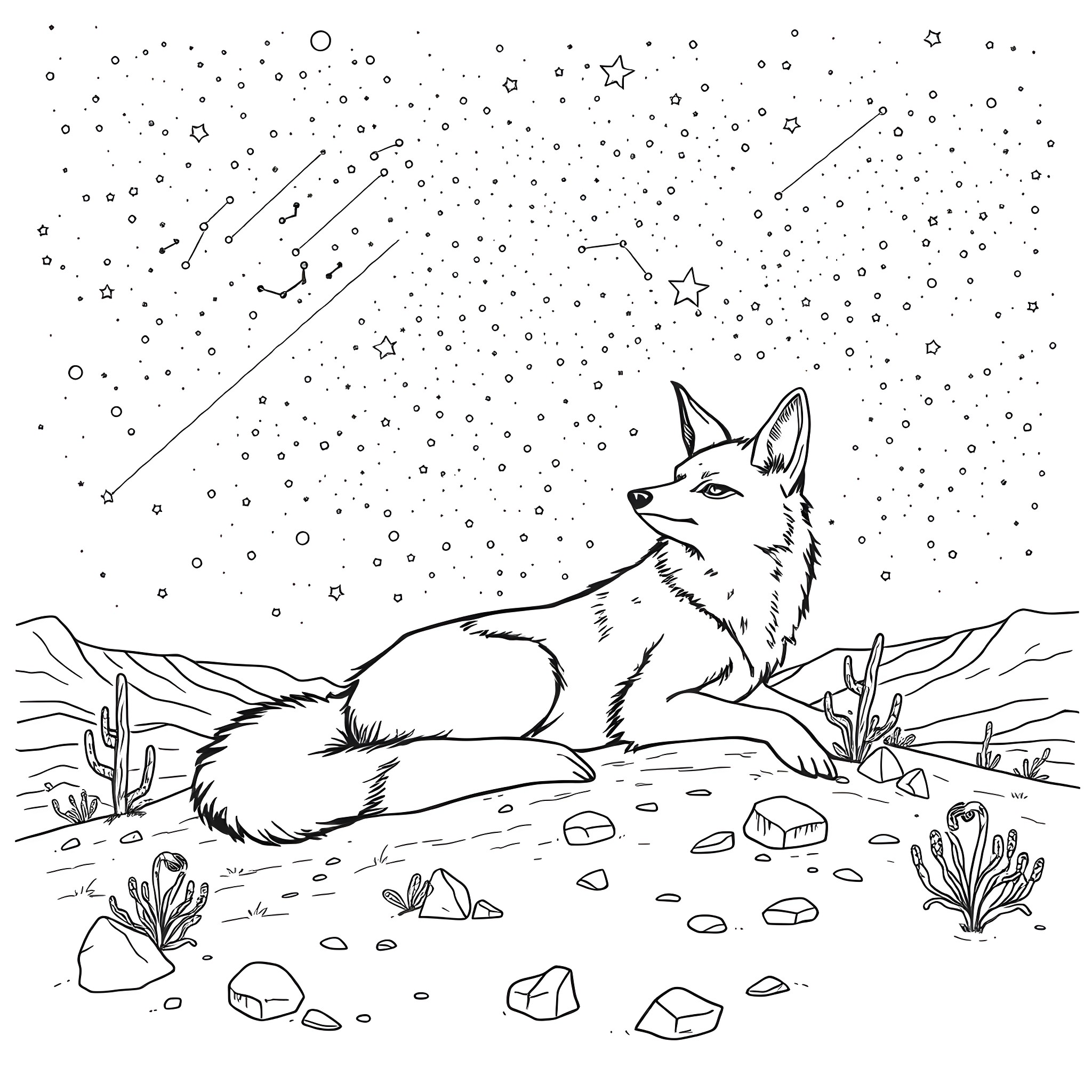 Coyote gazing at the starry night sky Coloring Page (free black-and-white line drawing printable PDF for all, from beginners to advanced learners, including children, teens, adults, and seniors)