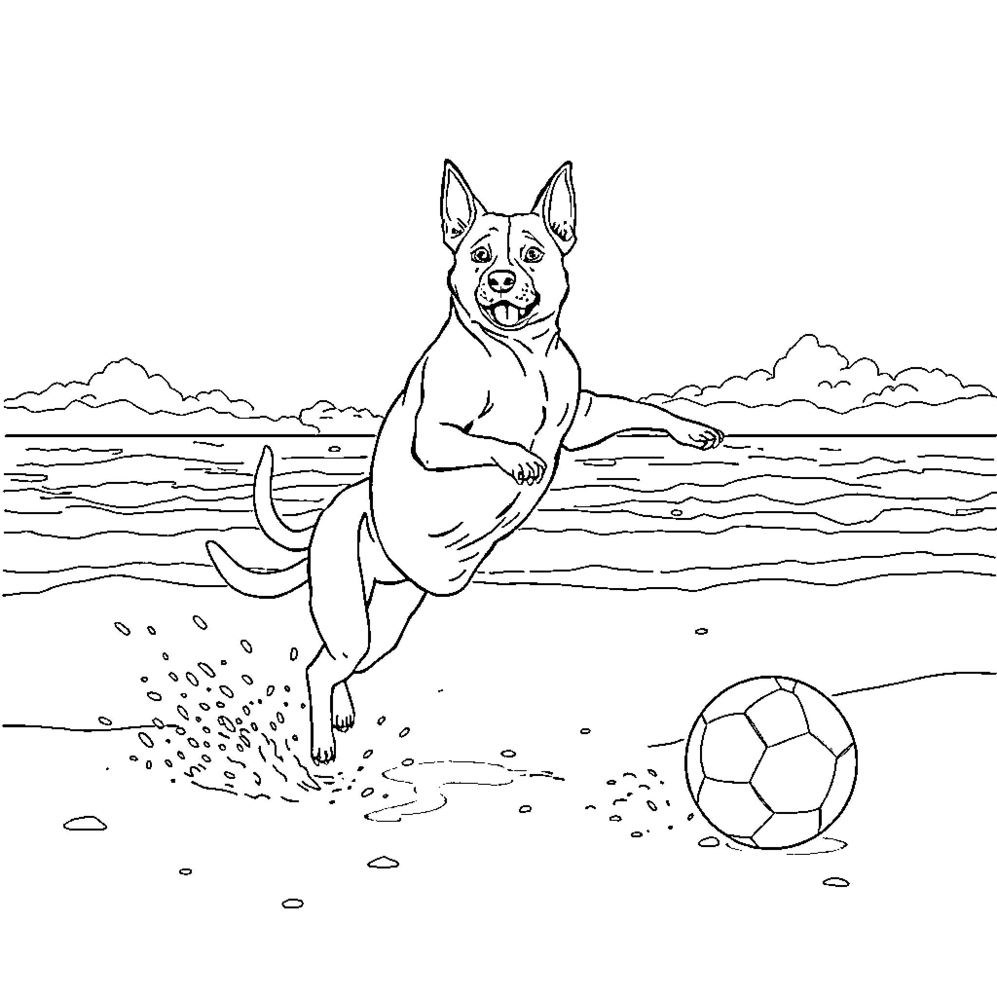 Dog playing joyfully with soccer ball on the beach Coloring Page (free black-and-white line drawing printable PDF for all, from beginners to advanced learners, including children, teens, adults, and seniors)