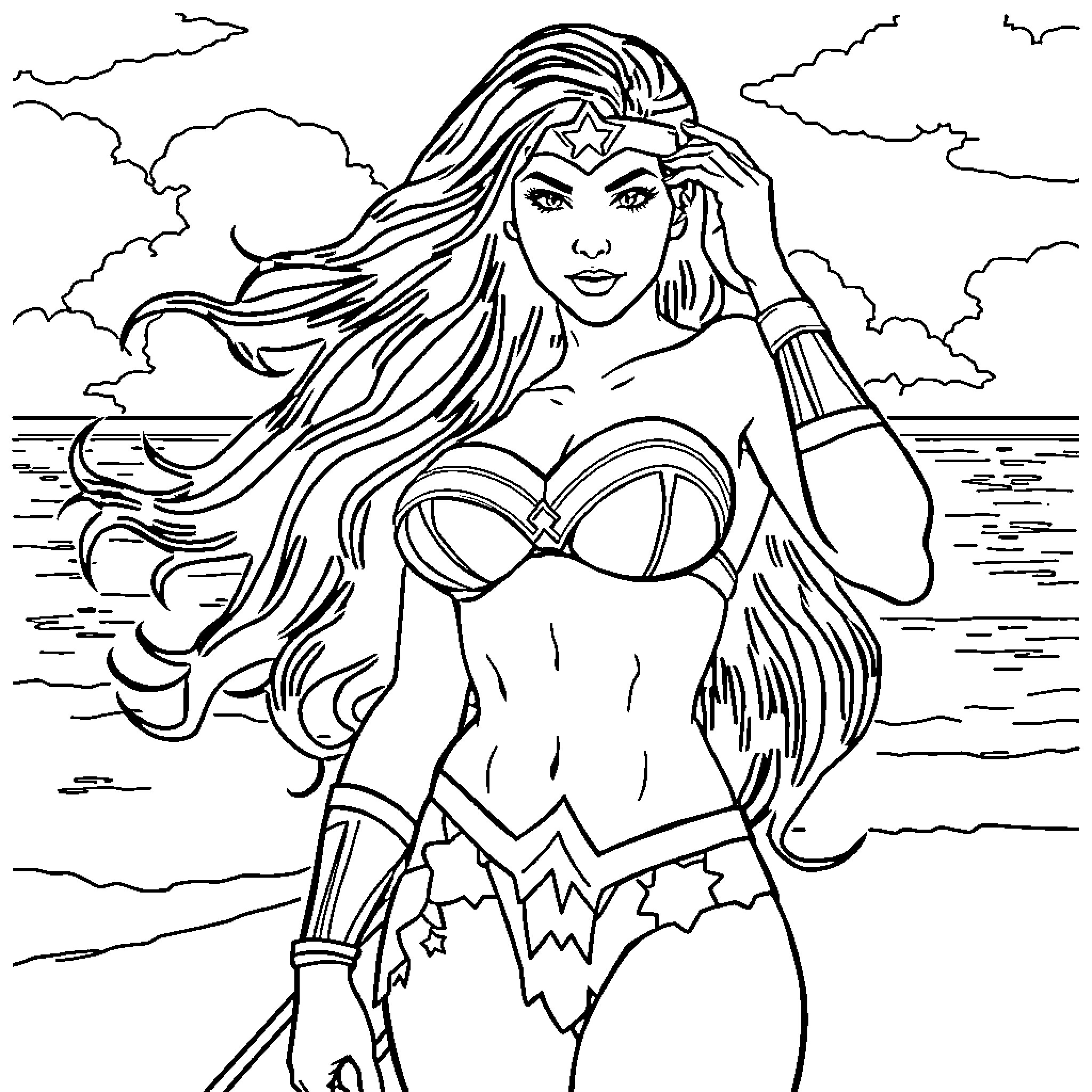 Wonder Woman heroic pose on the beach Coloring Page (free black-and-white line drawing printable PDF for all, from beginners to advanced learners, including children, teens, adults, and seniors)