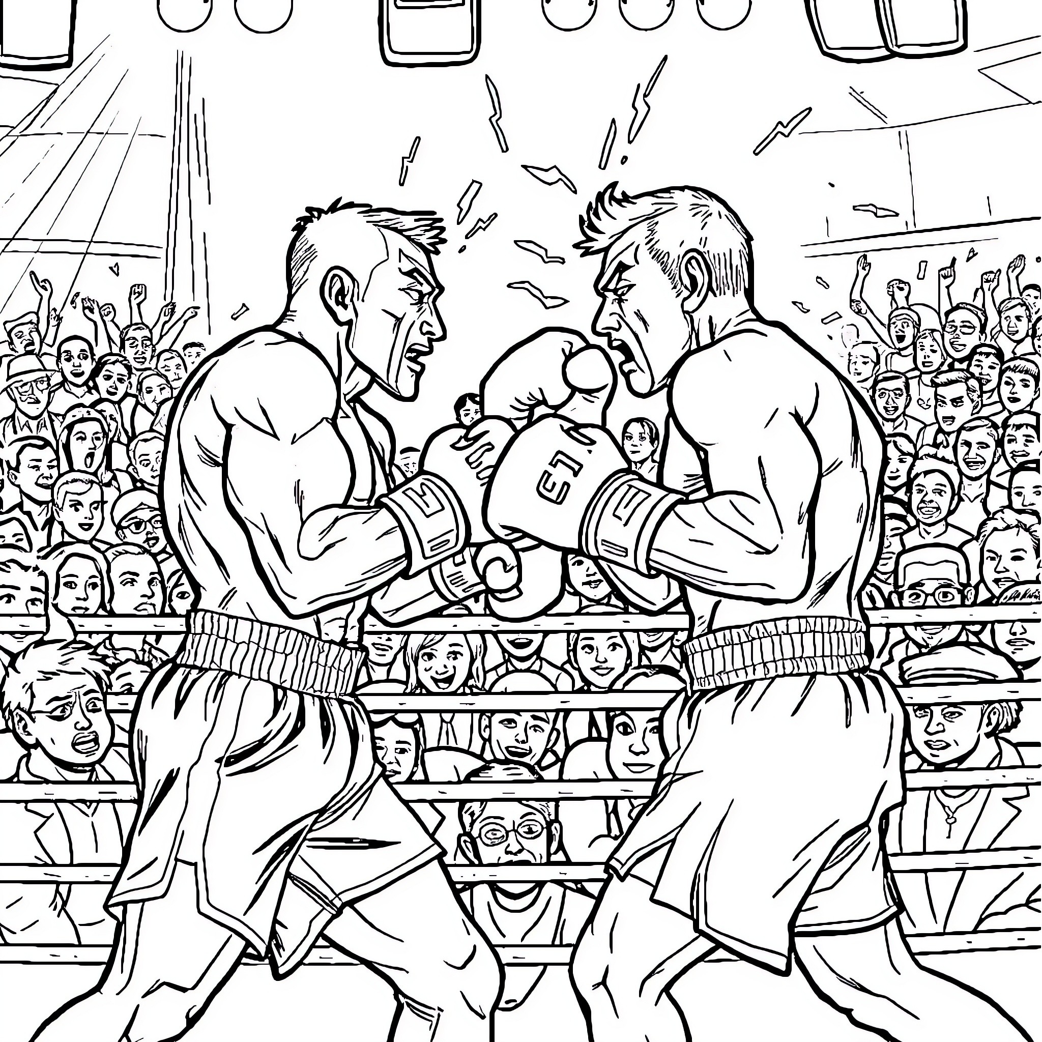 Boxing Match in the Spotlight Coloring Page (free black-and-white line drawing printable PDF for all, from beginners to advanced learners, including children, teens, adults, and seniors)