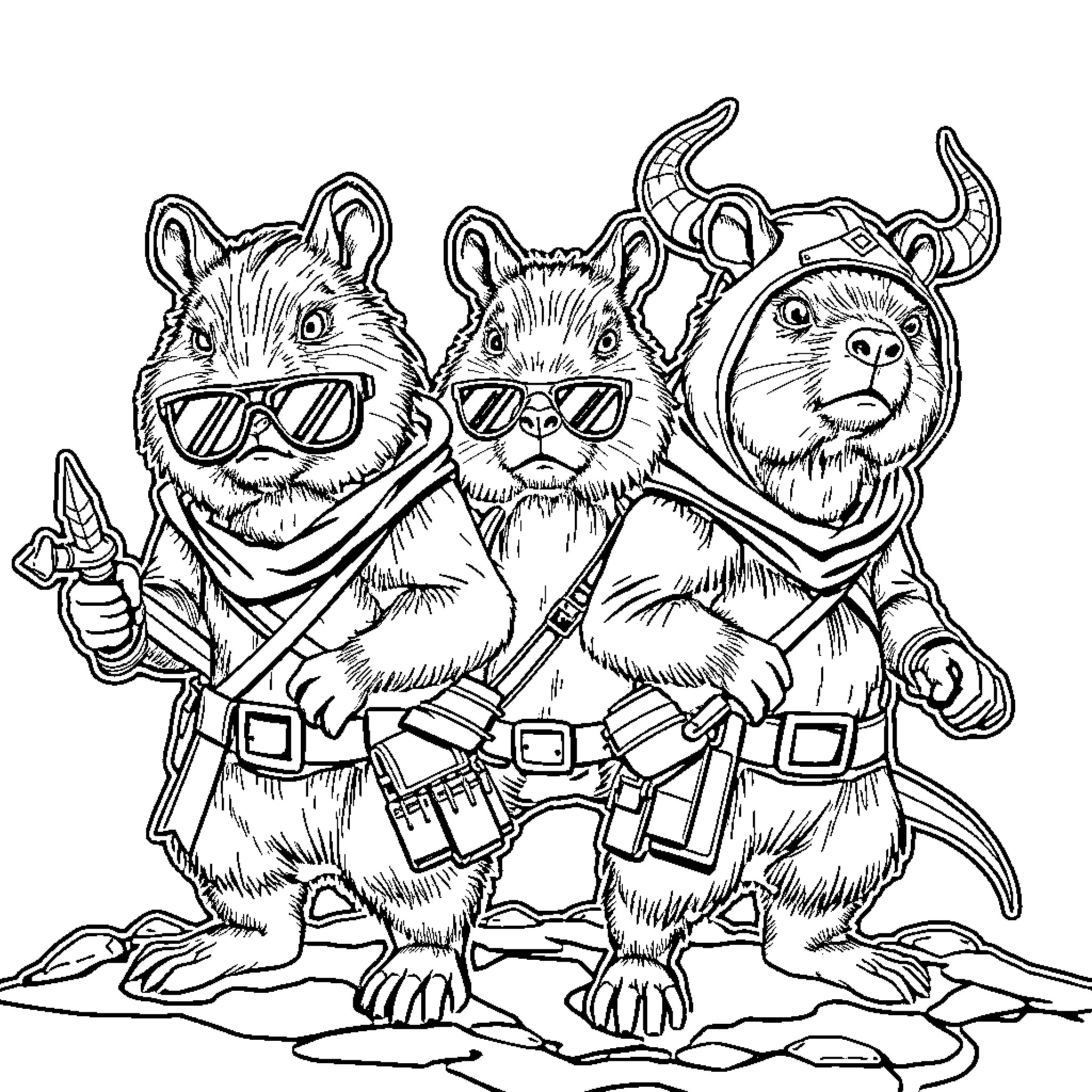 Capybara Adventurers in Daring Attire Coloring Page (free black-and-white line drawing printable PDF for all, from beginners to advanced learners, including children, teens, adults, and seniors)