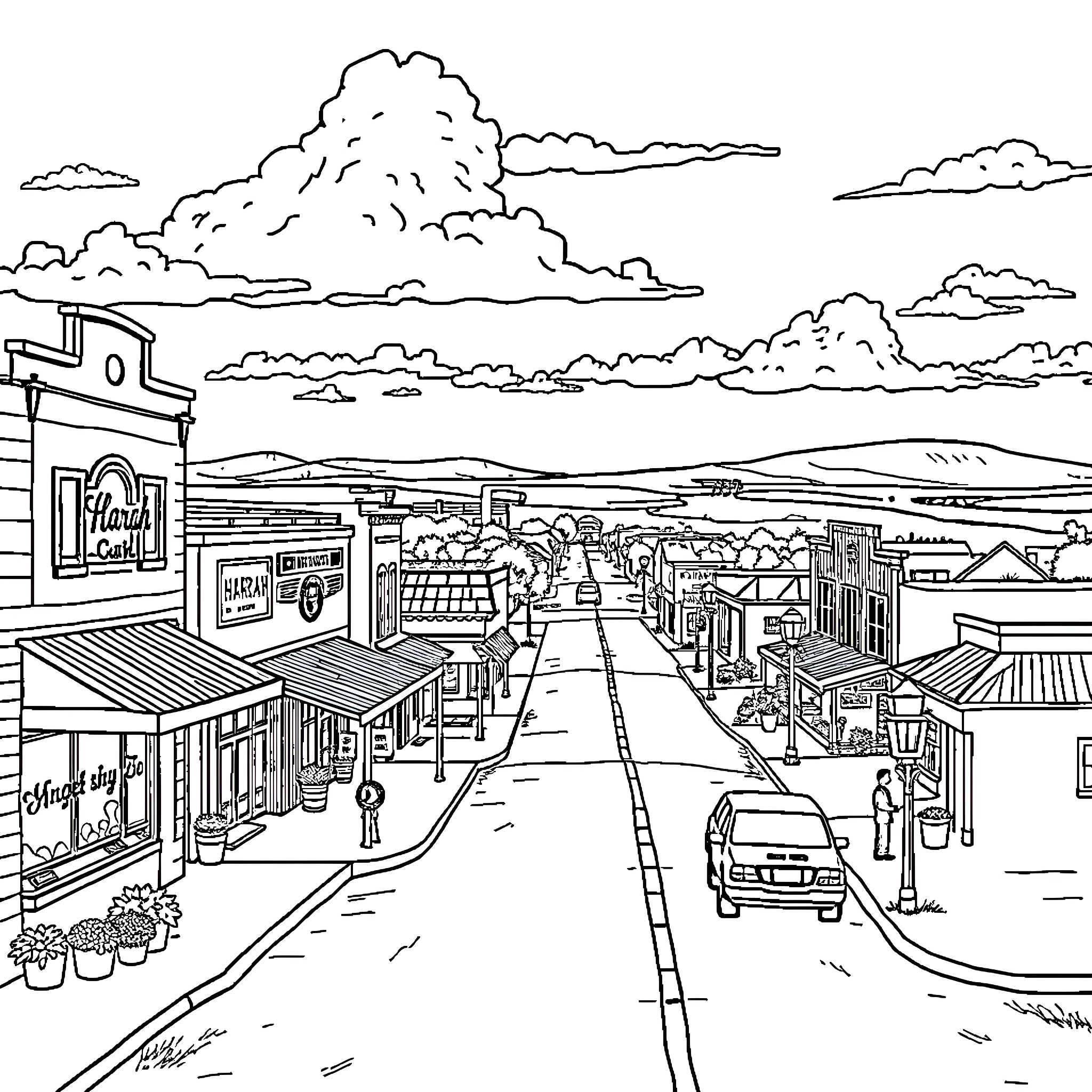 Harrah's Western Town Street Scene Coloring Page (free black-and-white line drawing printable PDF for all, from beginners to advanced learners, including children, teens, adults, and seniors)