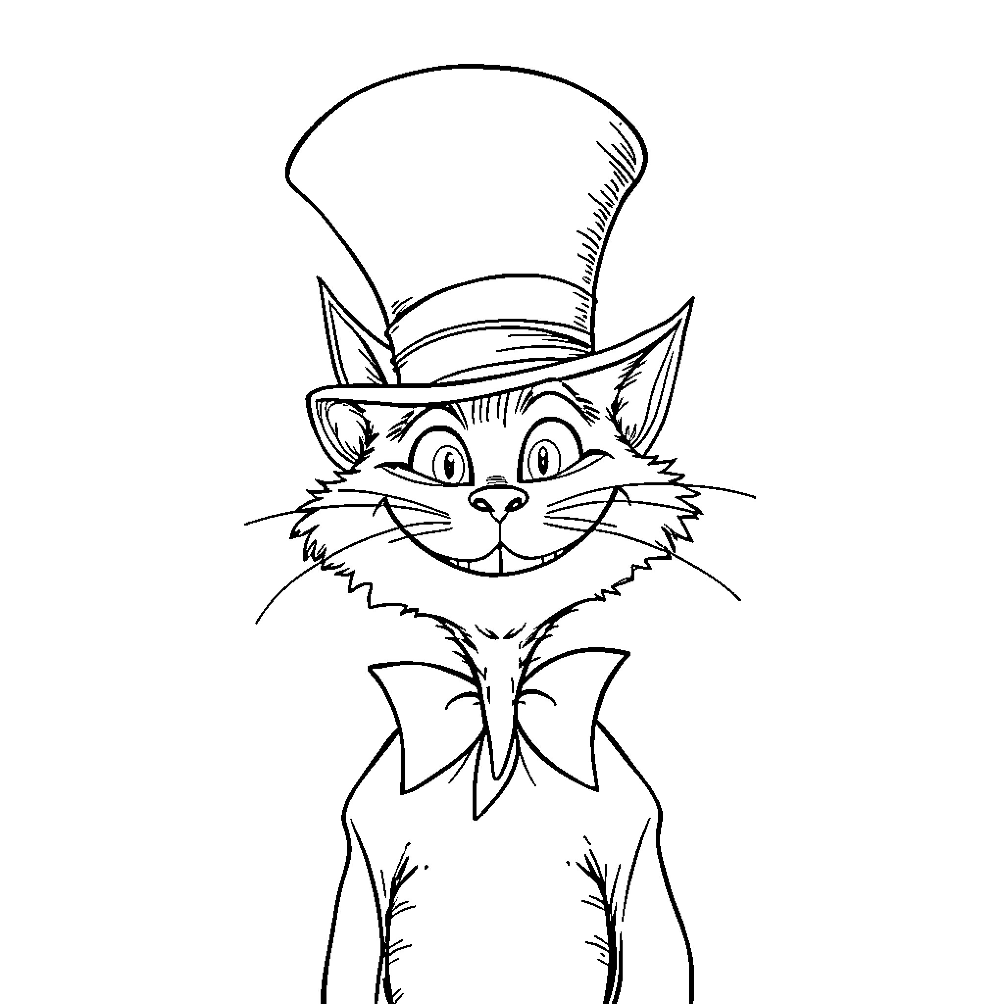 Cheshire Cat in a Whimsical Costume Coloring Page (free black-and-white line drawing printable PDF for all, from beginners to advanced learners, including children, teens, adults, and seniors)