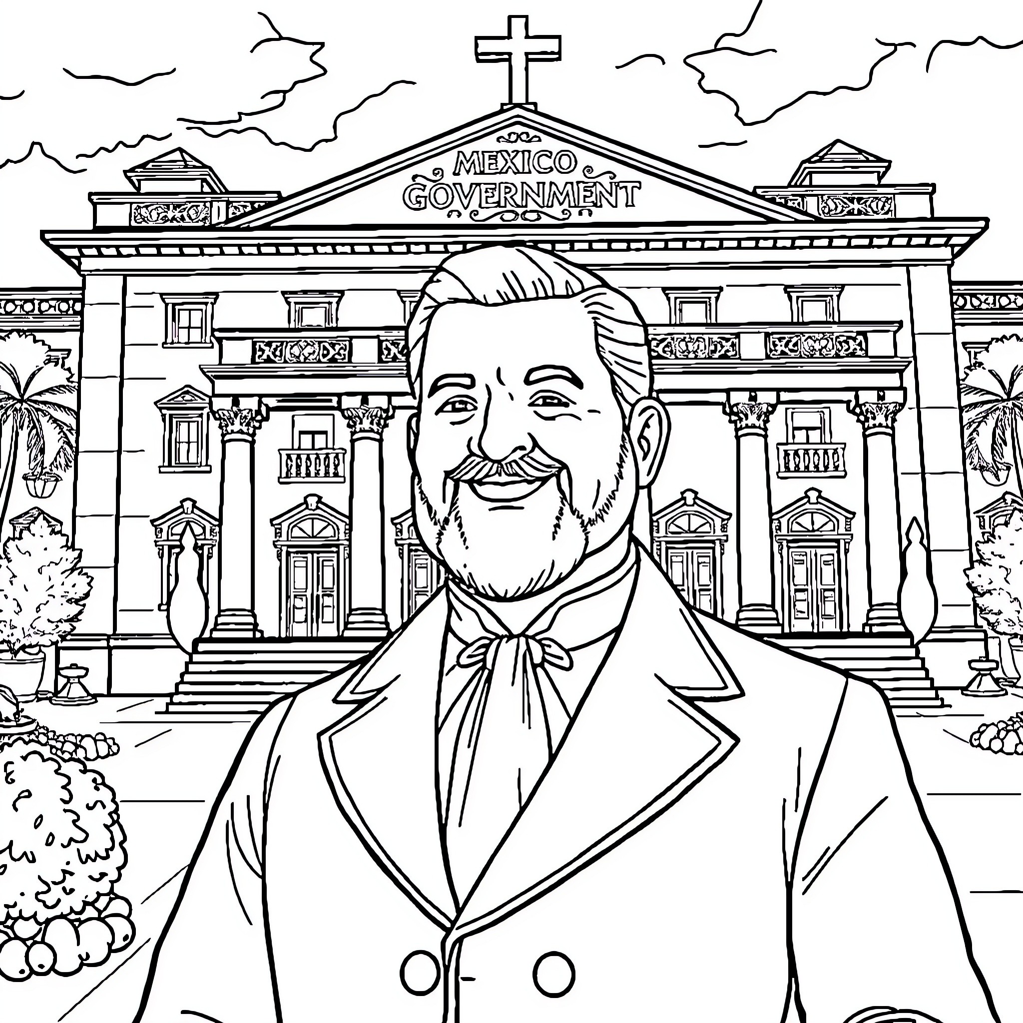 Benito Juárez: Statesman Stands Before Mexican Government Building Coloring Page (free black-and-white line drawing printable PDF for all, from beginners to advanced learners, including children, teens, adults, and seniors)