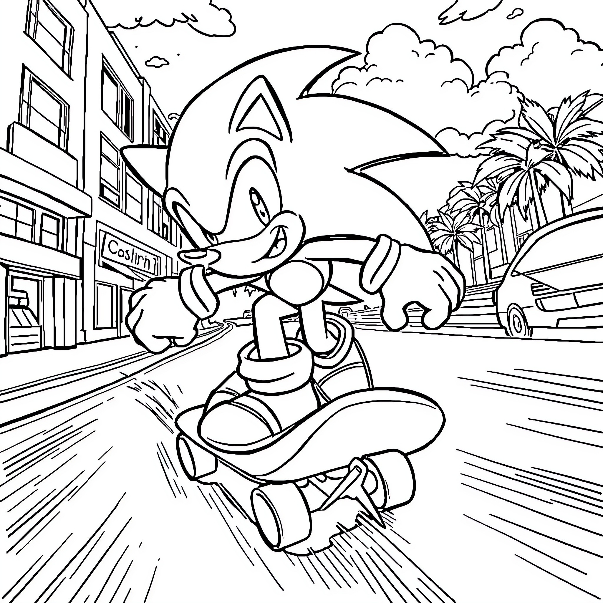 Sonic's Speedy Adventure in the City Streets Coloring Page (free black-and-white line drawing printable PDF for all, from beginners to advanced learners, including children, teens, adults, and seniors)