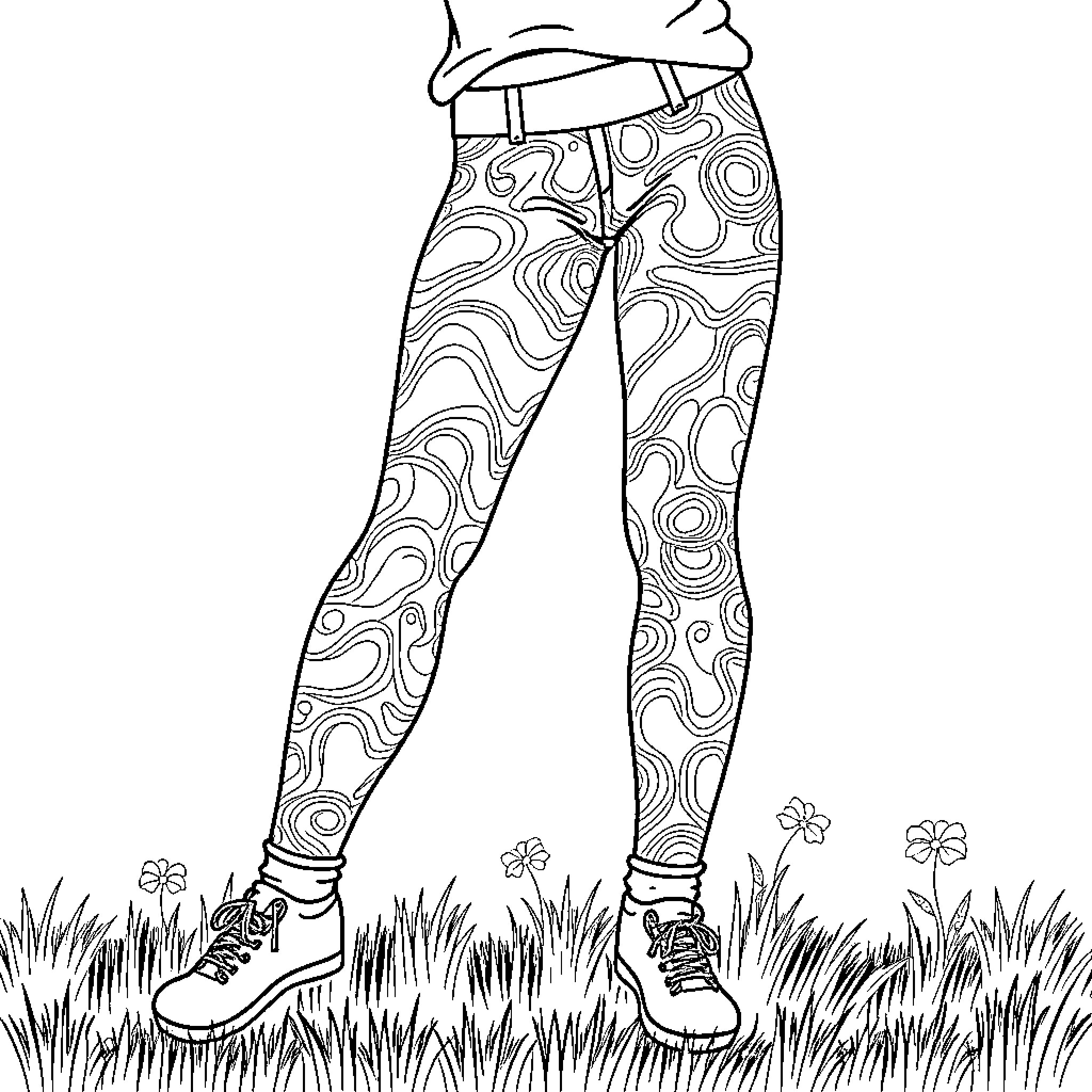 Girl in Patterned Pants Exploring Nature Coloring Page (free black-and-white line drawing printable PDF for all, from beginners to advanced learners, including children, teens, adults, and seniors)