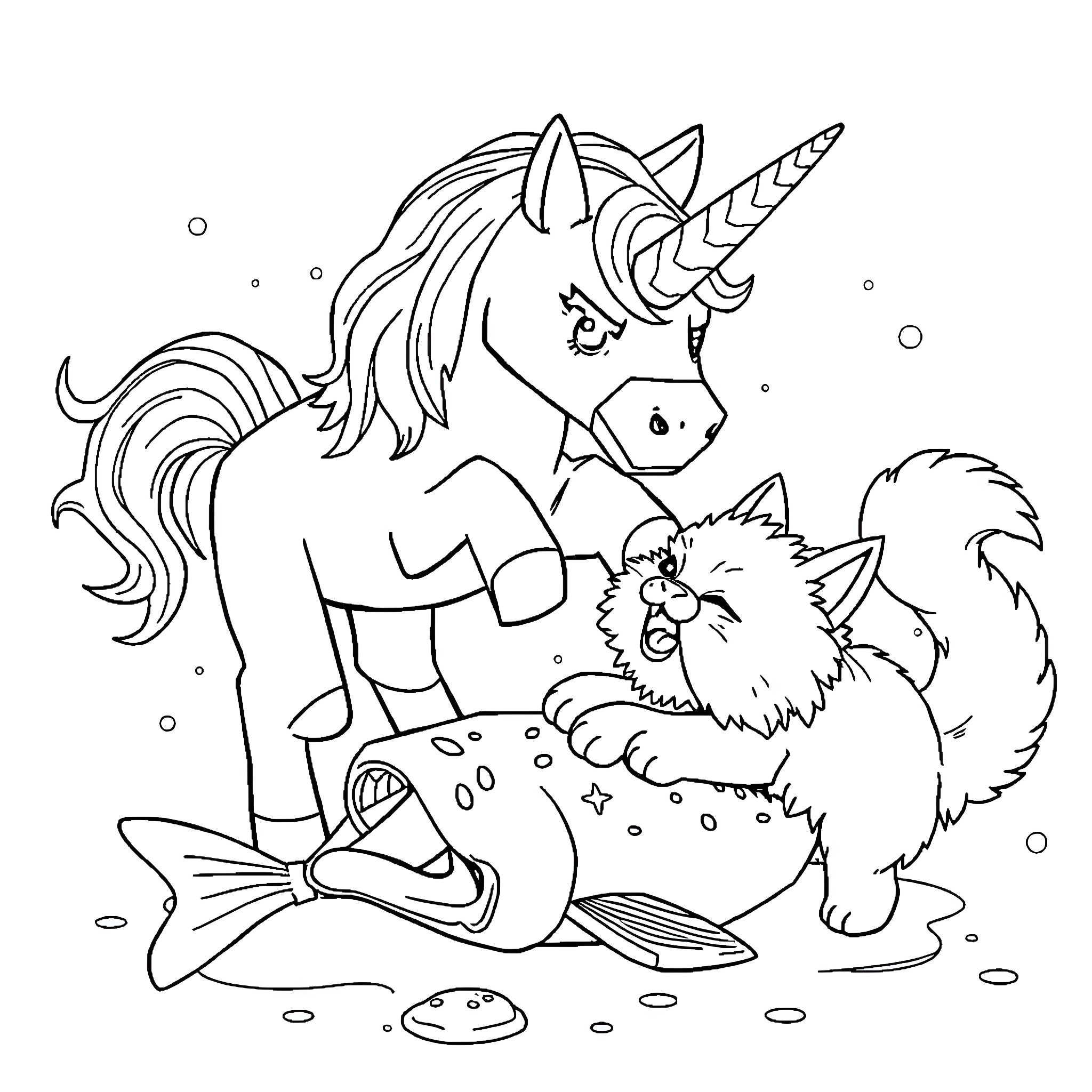 Unicorn playing with magical creatures in enchanted forest Coloring Page (free black-and-white line drawing printable PDF for all, from beginners to advanced learners, including children, teens, adults, and seniors)