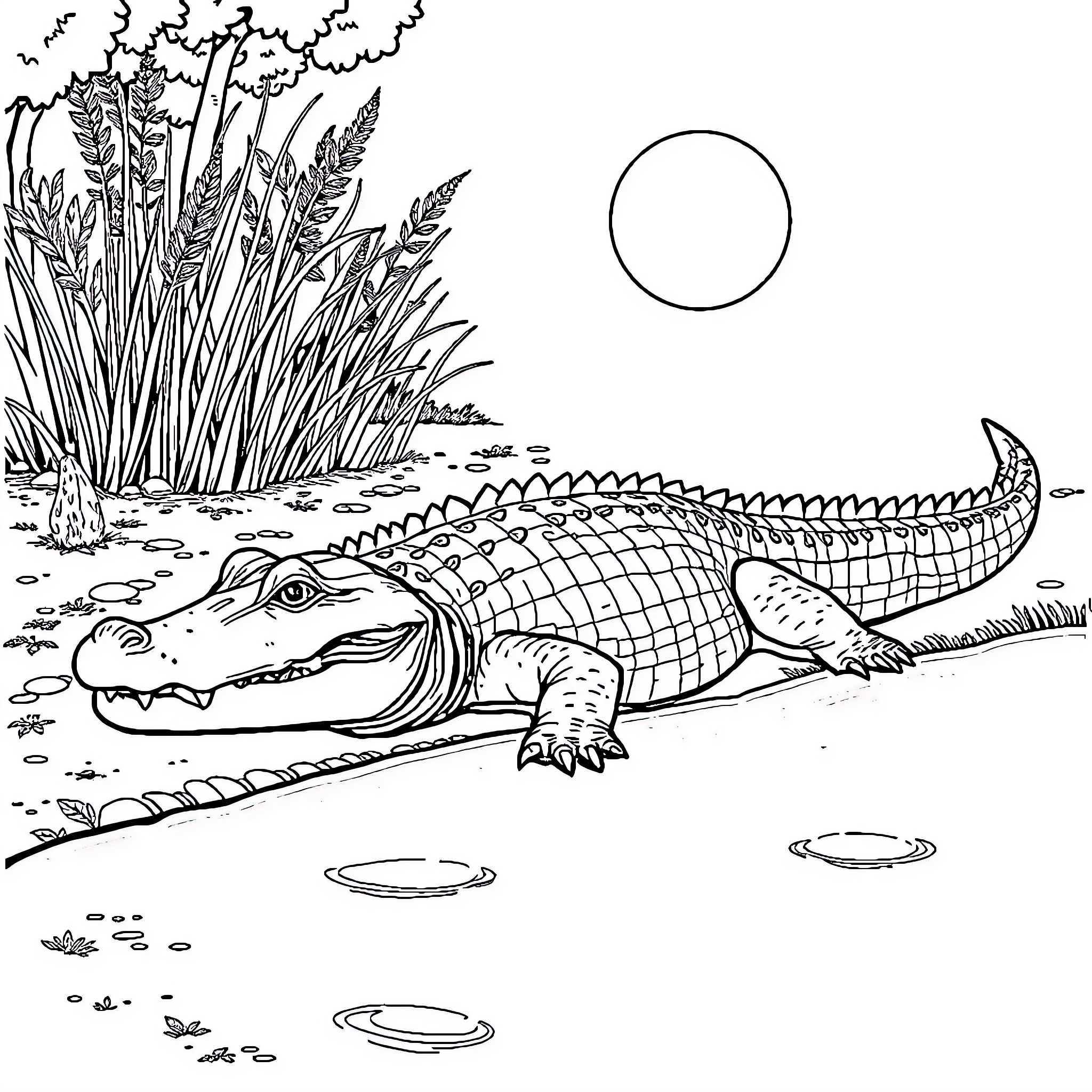 Alligator resting peacefully in a natural setting Coloring Page (free black-and-white line drawing printable PDF for all, from beginners to advanced learners, including children, teens, adults, and seniors)